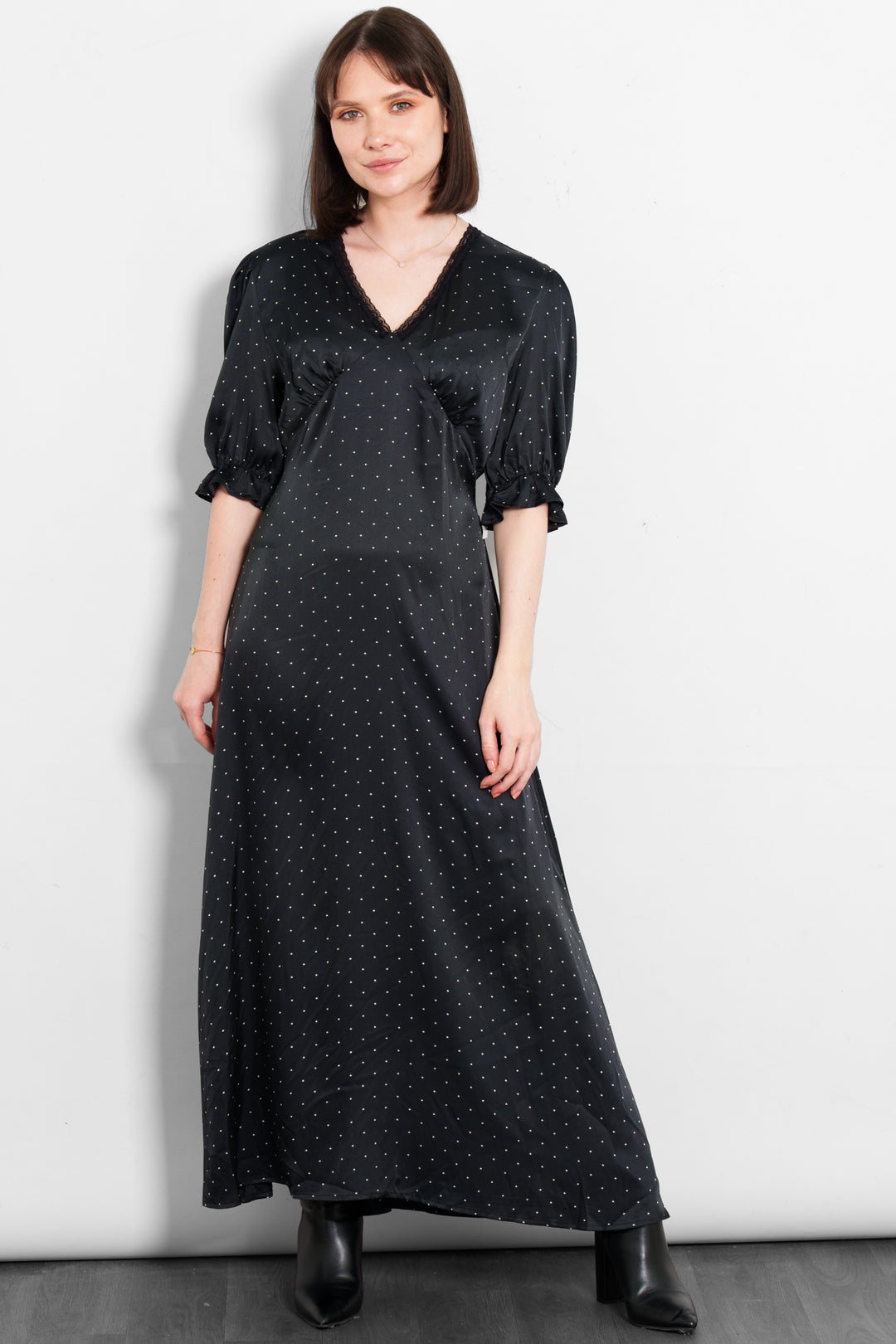 elise-v-neck-tea-dress-black-white-polka-dot-satin-silky