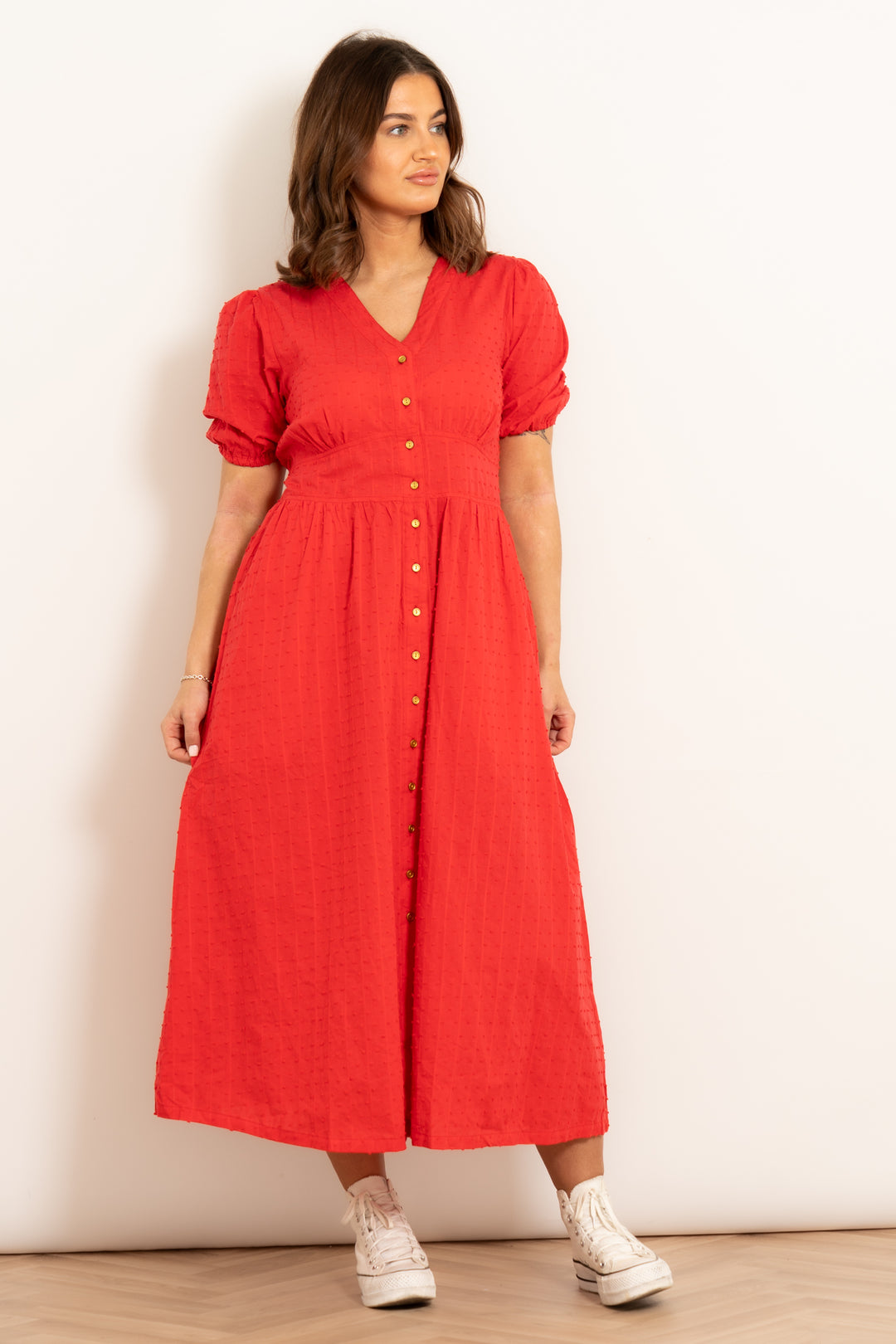 poppy-cotton-button-down-midi-tea-dress-red-dobby-model-front-view