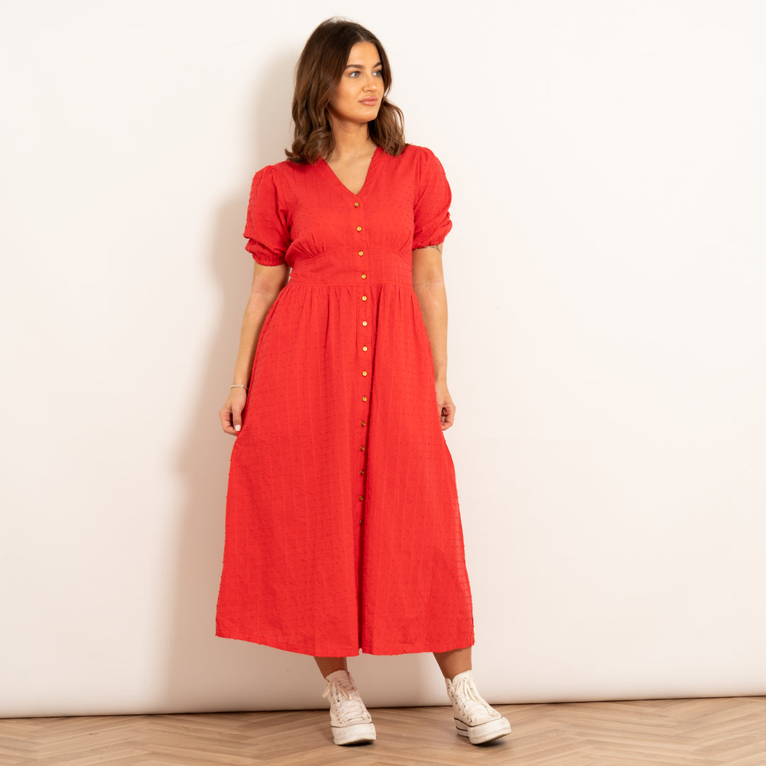 poppy-cotton-button-down-midi-tea-dress-red-dobby-model-front-view
