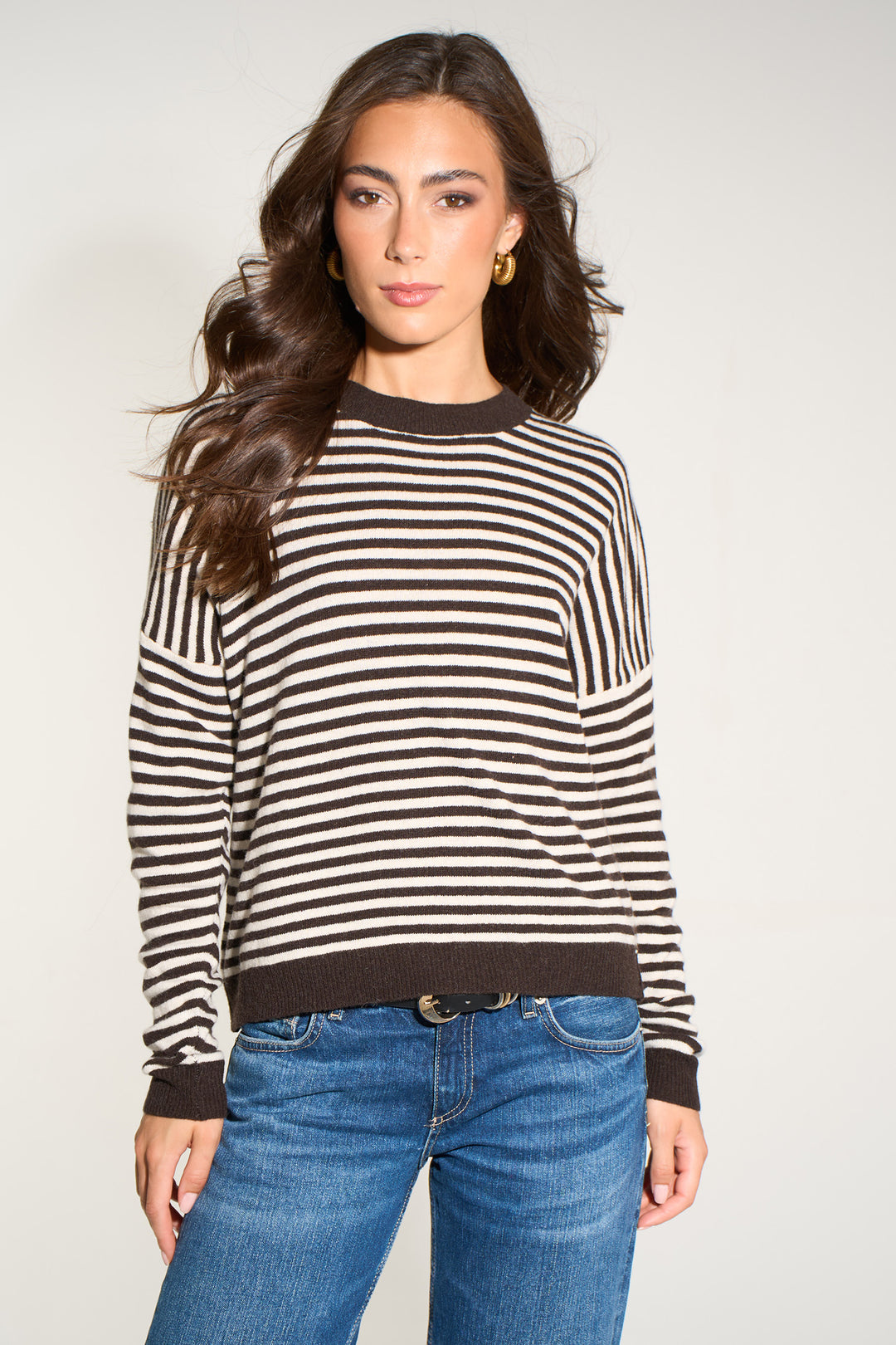 Striped Long Sleeve Italian Cashmere Wool Blend Jumper in Brown/Cream