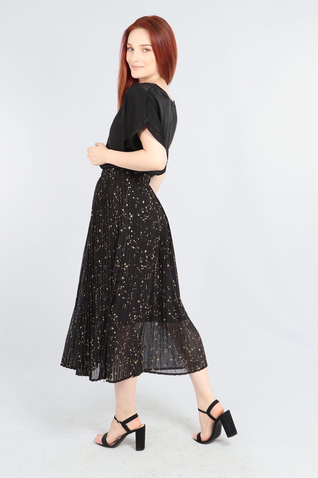 Black Gold Constellation Print Pleated Skirt