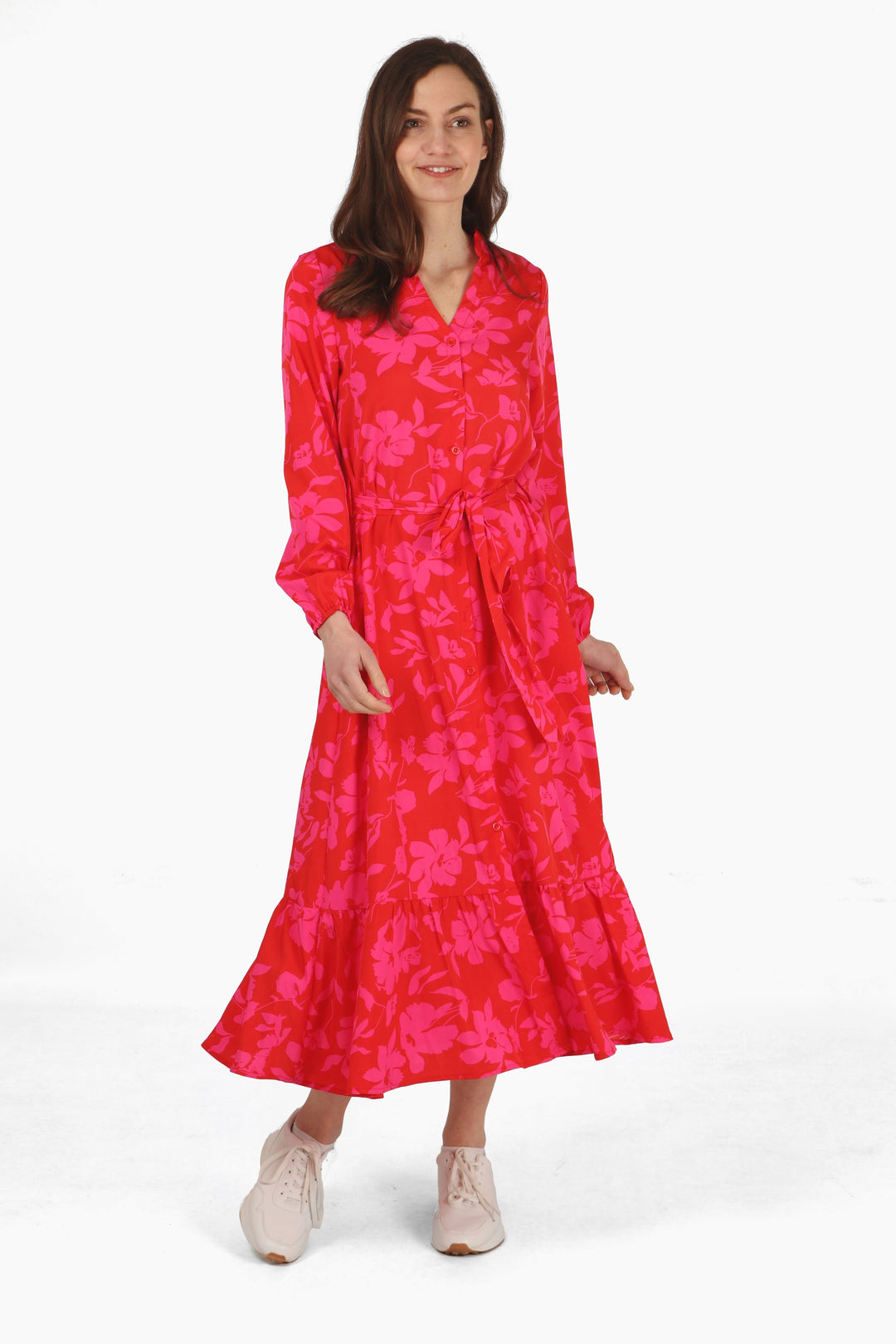 model wearing a midaxi length red floral print shirt dress with long sleeves and belt tie waist 2