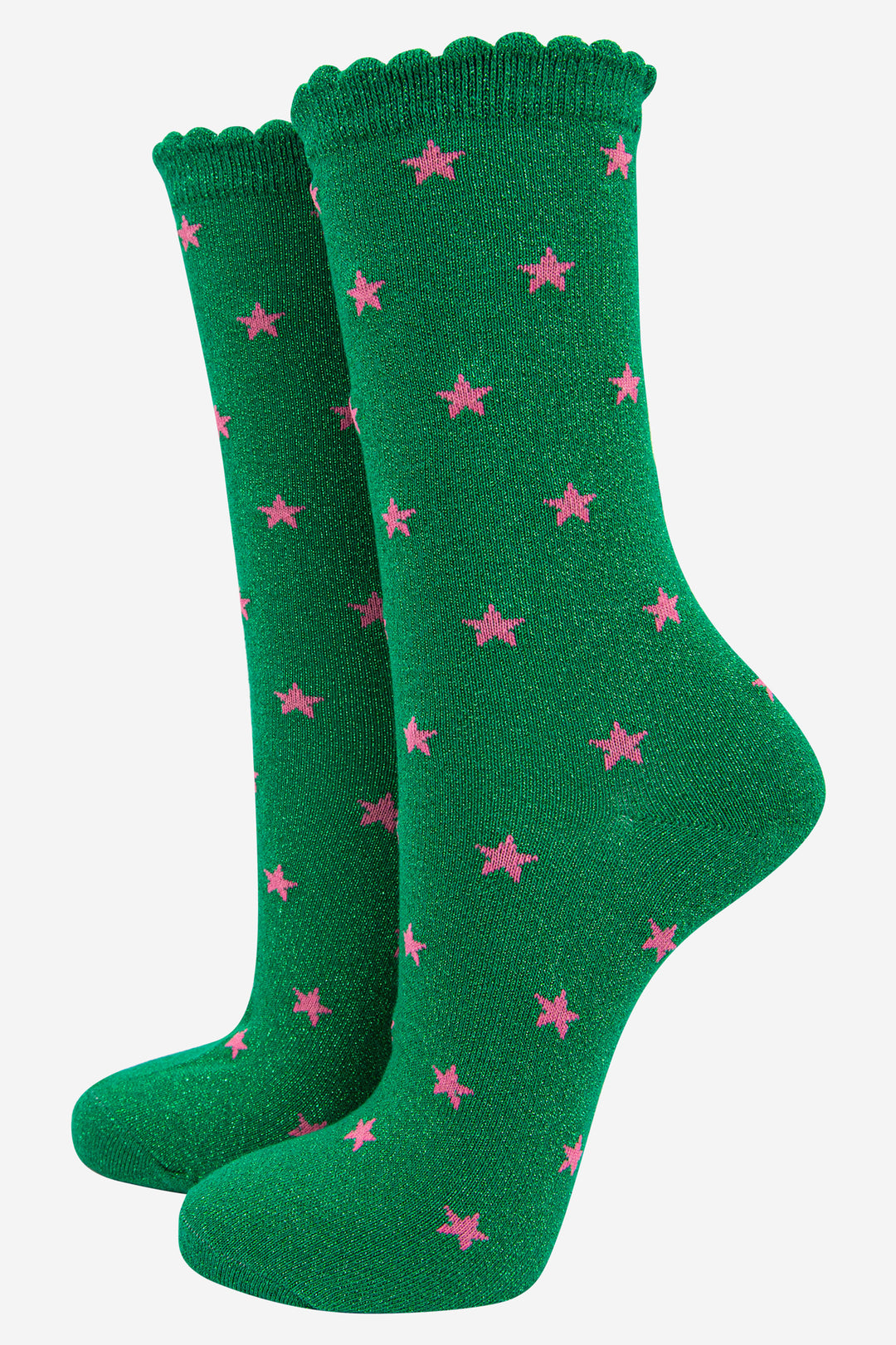 green glitter ankle socks with an all over pink star pattern and scalloped cuffs