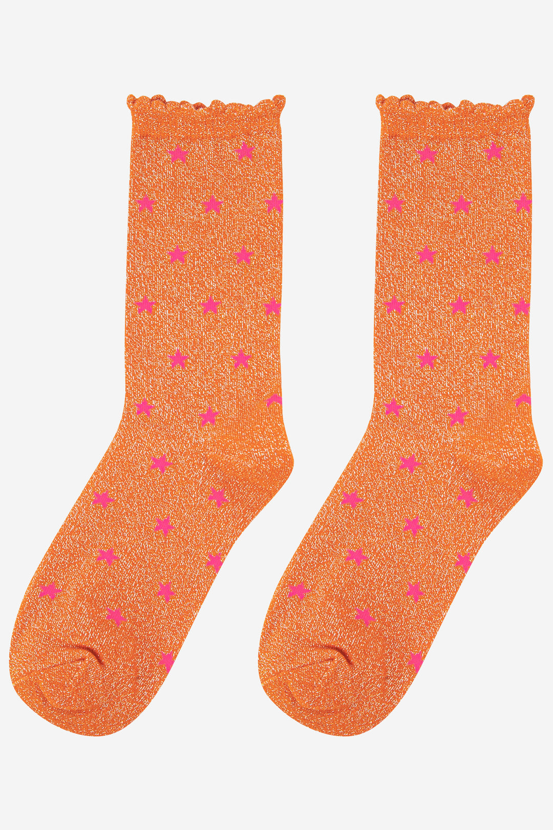 orange glitter ankle socks with scalloped edges and an all over pink star pattern