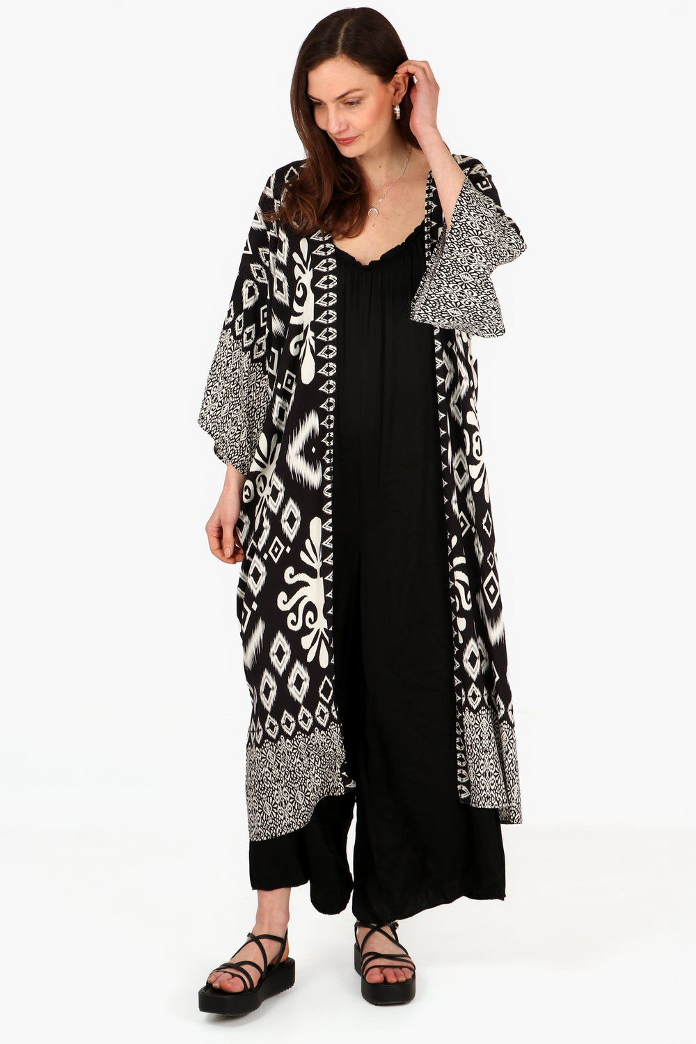 black ikat kimono robe with 3/4 sleeves 5