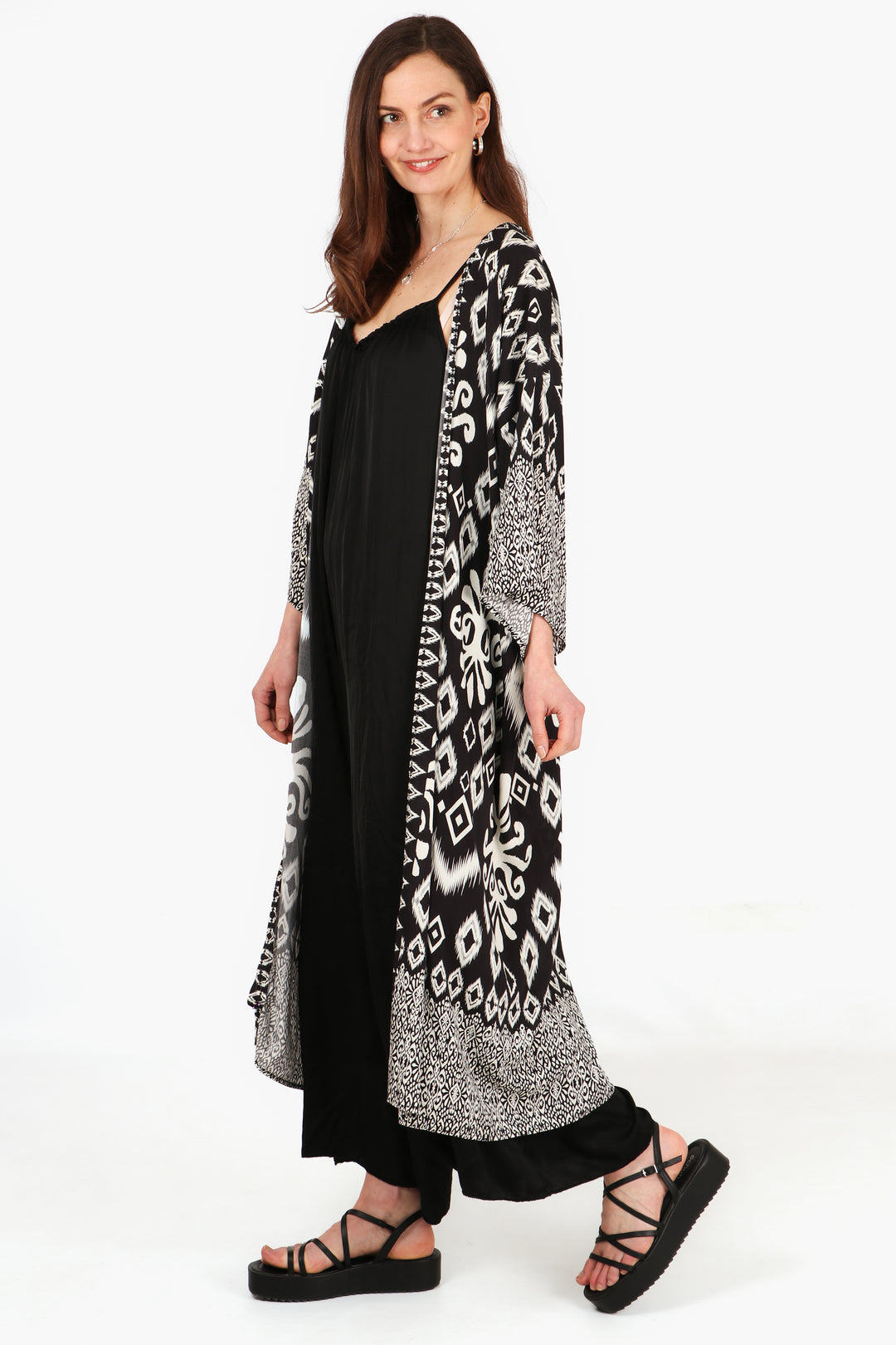 black ikat kimono robe with 3/4 sleeves 6