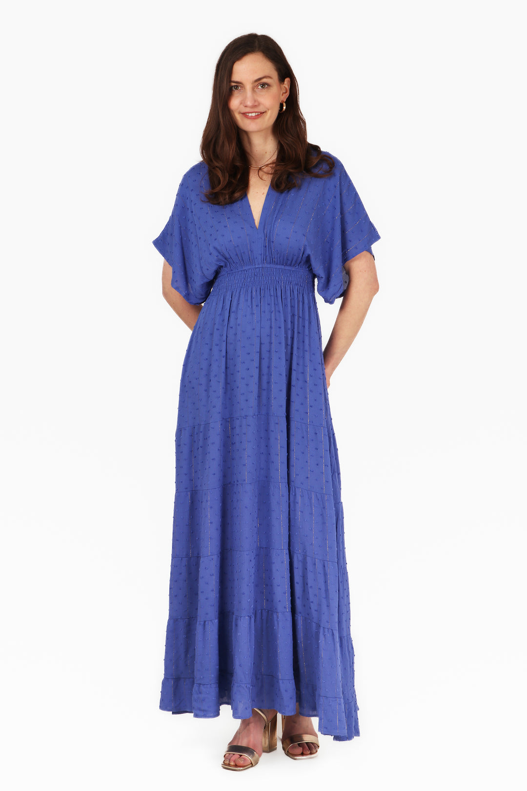 royal blue maxi kaftan dress with dobby pattern material and short batwing sleeves