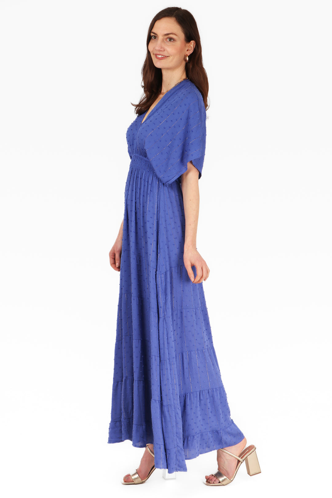 royal blue maxi kaftan dress with dobby pattern material and short batwing sleeves