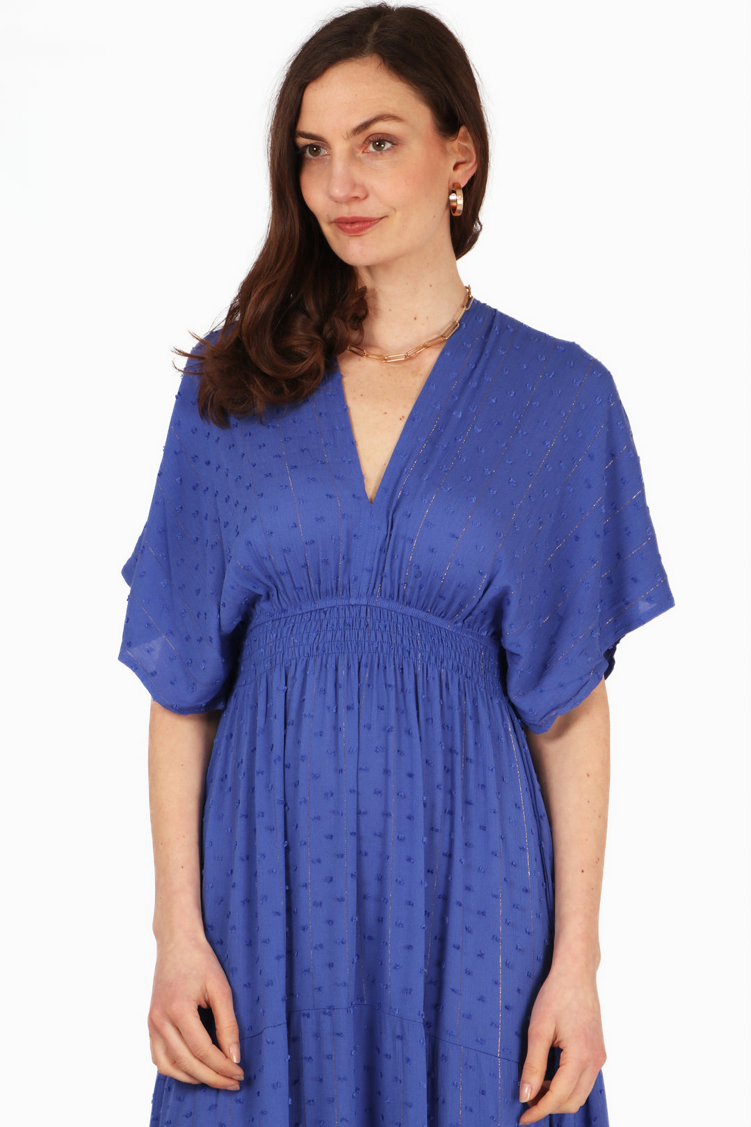 royal blue maxi kaftan dress with dobby pattern material and short batwing sleeves