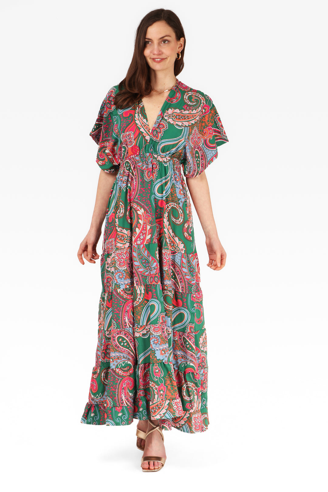 tiered green and pink paisley print maxi kaftan dress with shirred waist and v neck