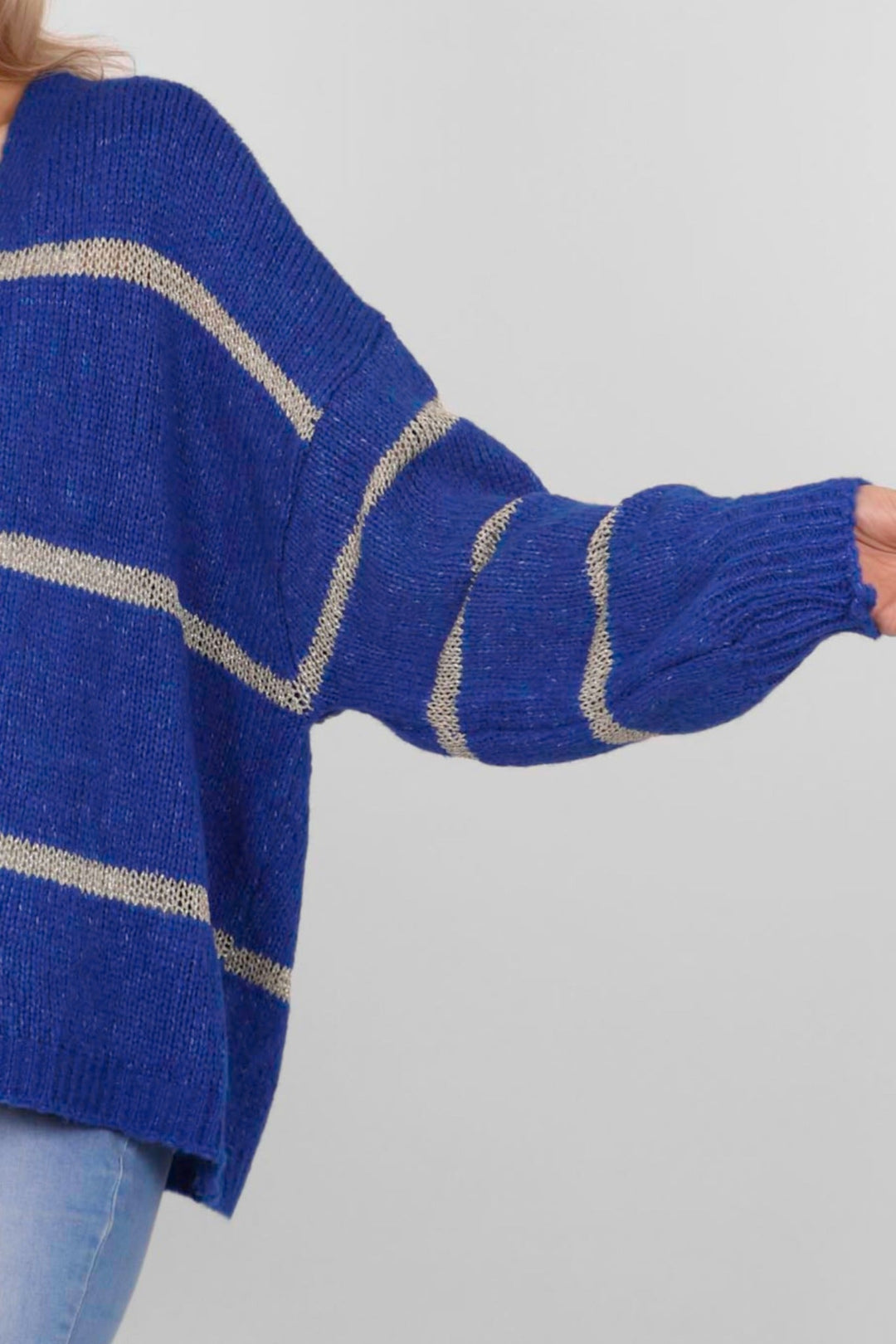 Royal Blue Wool Blend Cardigan with Thin Stripe
