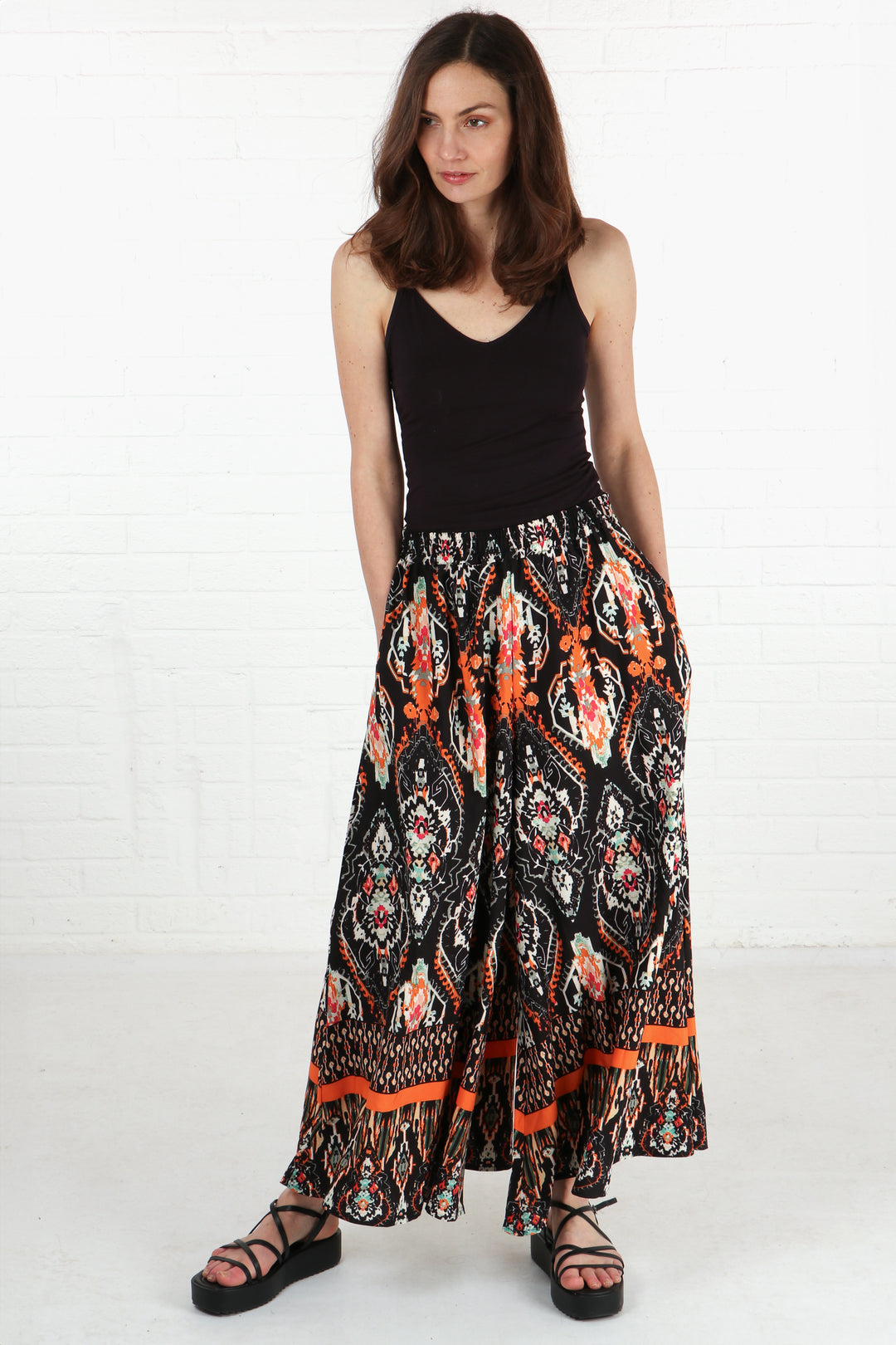 Mandala Print Wide Leg Palazzo Pants in Black