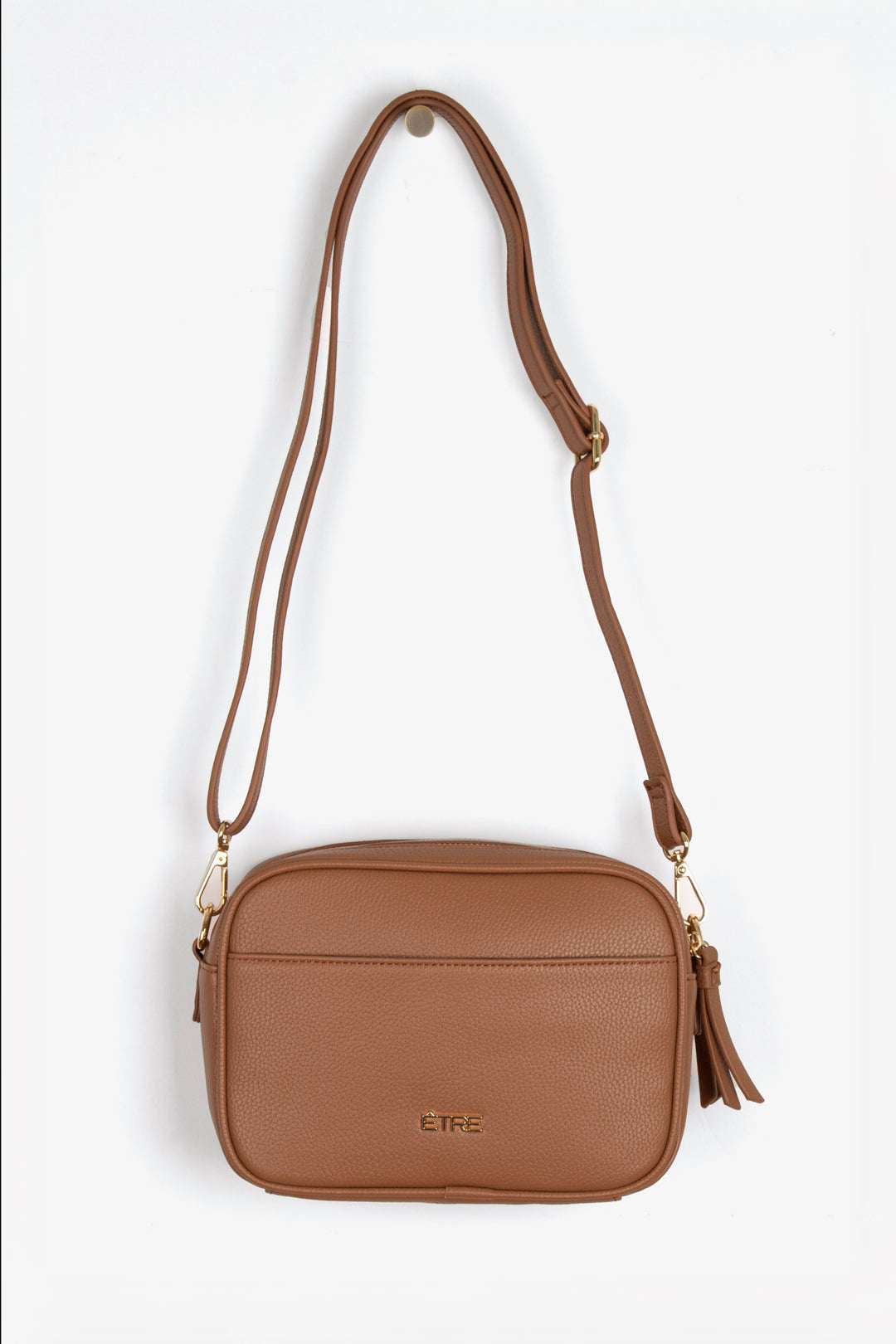 tan brown pebbled faux leather crossbody bag with detachable bag strap and gold hardware