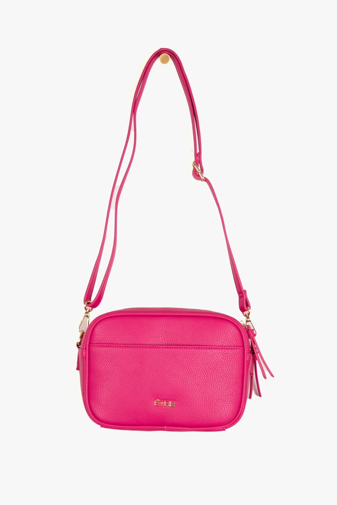 fuchsia pink pebbled faux leather crossbody bag with detachable bag strap and gold hardware