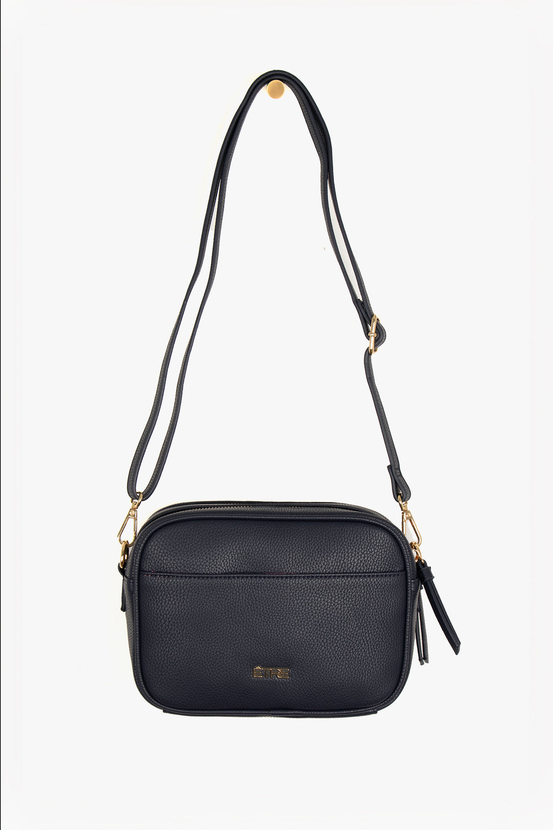 navy blue pebbled faux leather crossbody bag with detachable bag strap and gold hardware