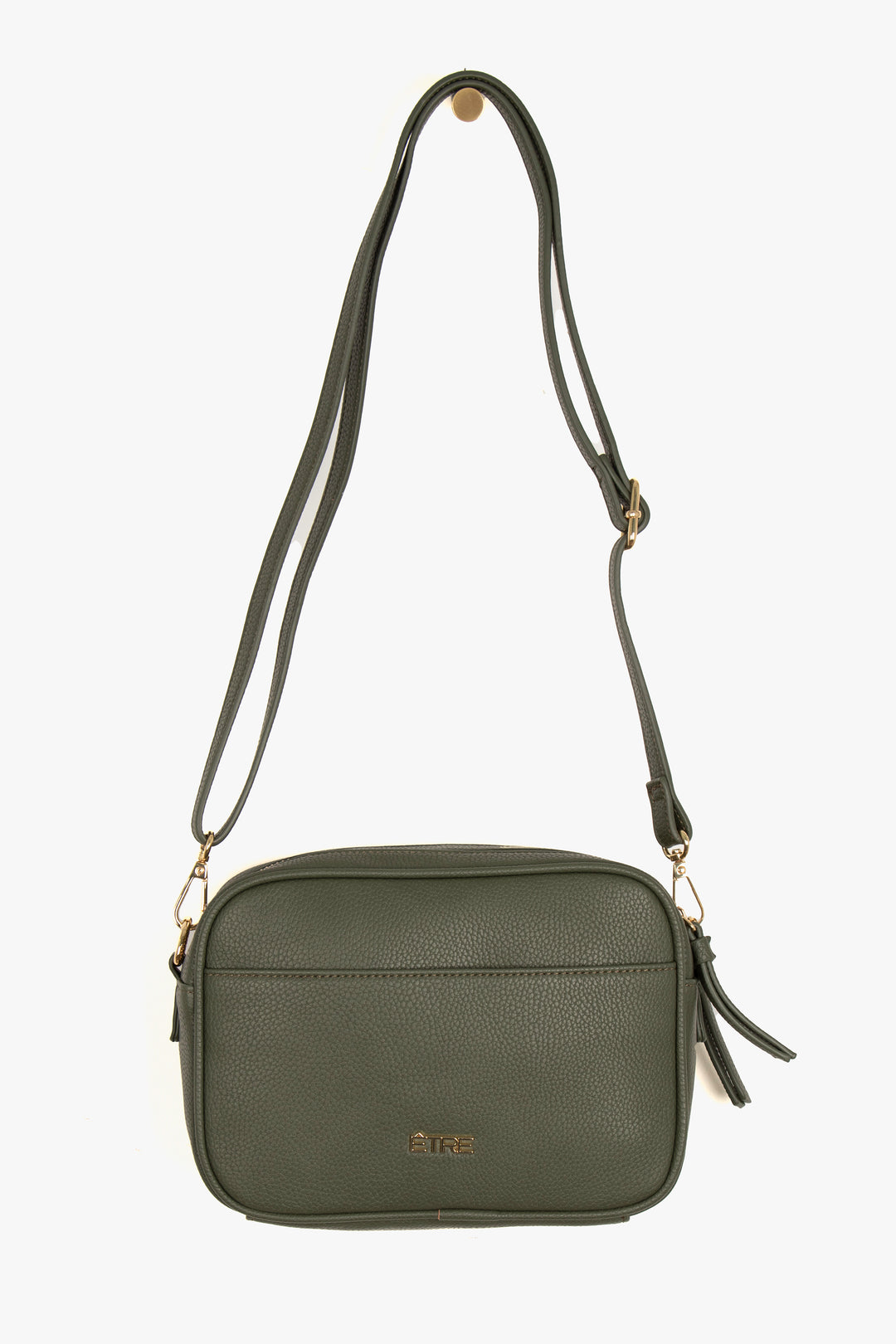 khaki green pebbled faux leather crossbody bag with detachable bag strap and gold hardware