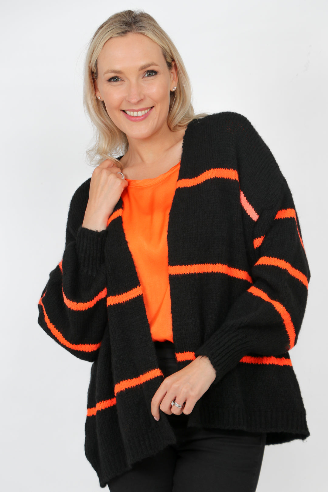 Black Orange Wool Blend Cardigan With Thin Stripe