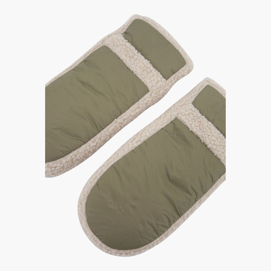 orla-khaki-borg-trim-mittens-close-up-polyester-shell