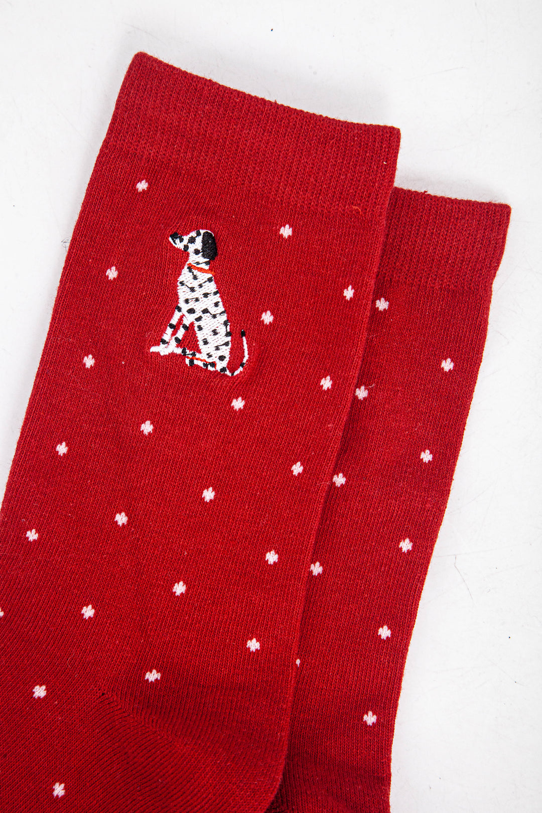 womens-embroidered-ankle-socks-red-dalmatian-polka-dot-close-up-dog-pattern