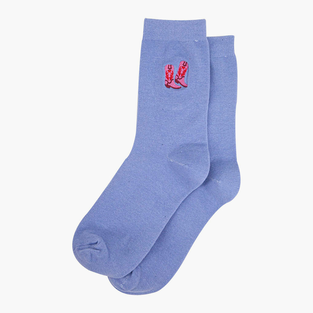 womens-embroidered-ankle-socks-light-blue-cowboy-boots-laying-flat