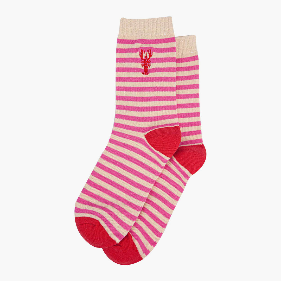 womens-embroidered-ankle-socks-red-lobster-stripe-laying-flat
