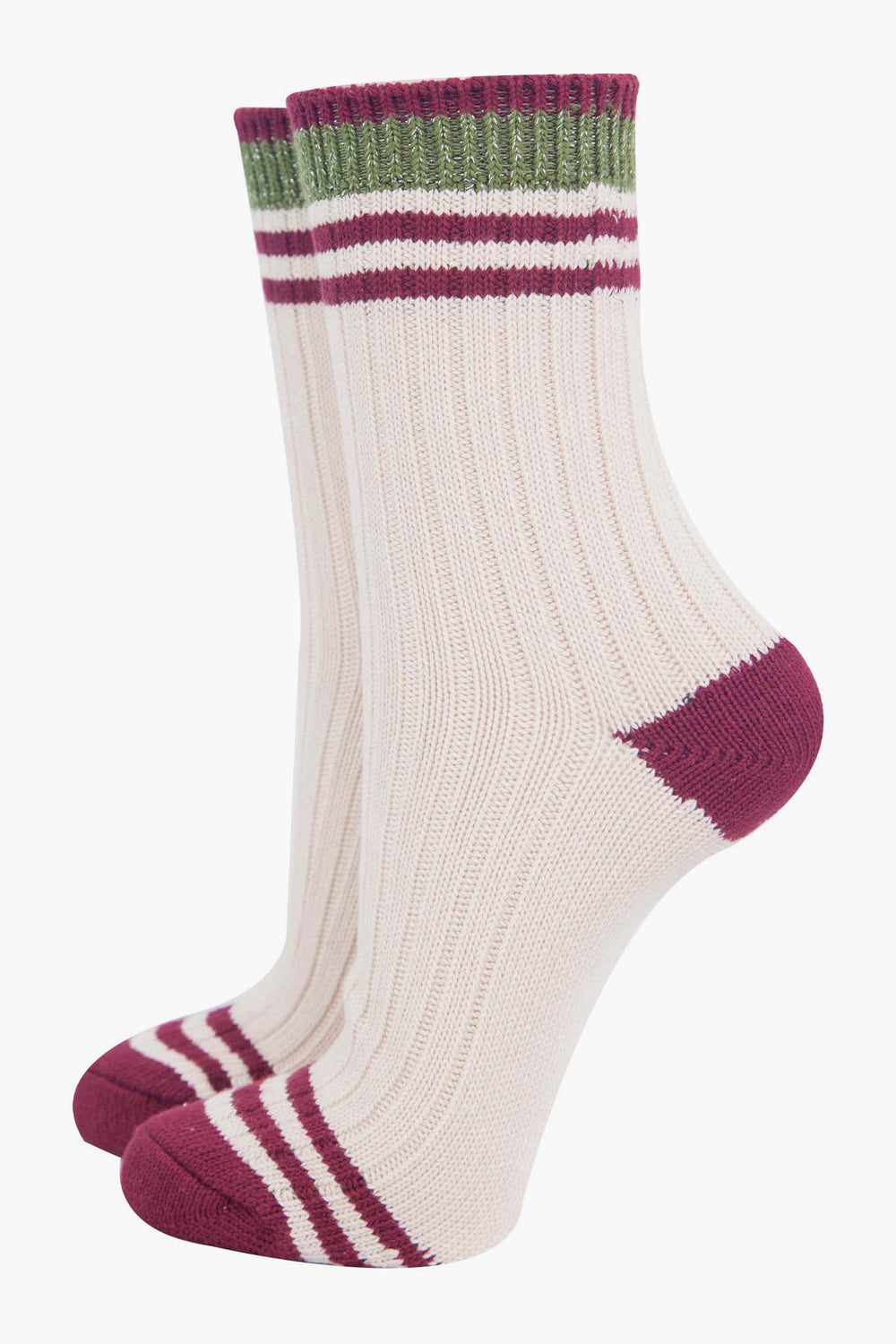 womens-mid-calf-socks-cream-khaki-striped-cuff-ribbed-cotton