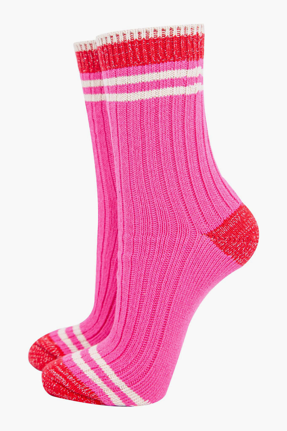 womens-mid-calf-socks-pink-red-striped-cuff-thick-ribbed-cotton