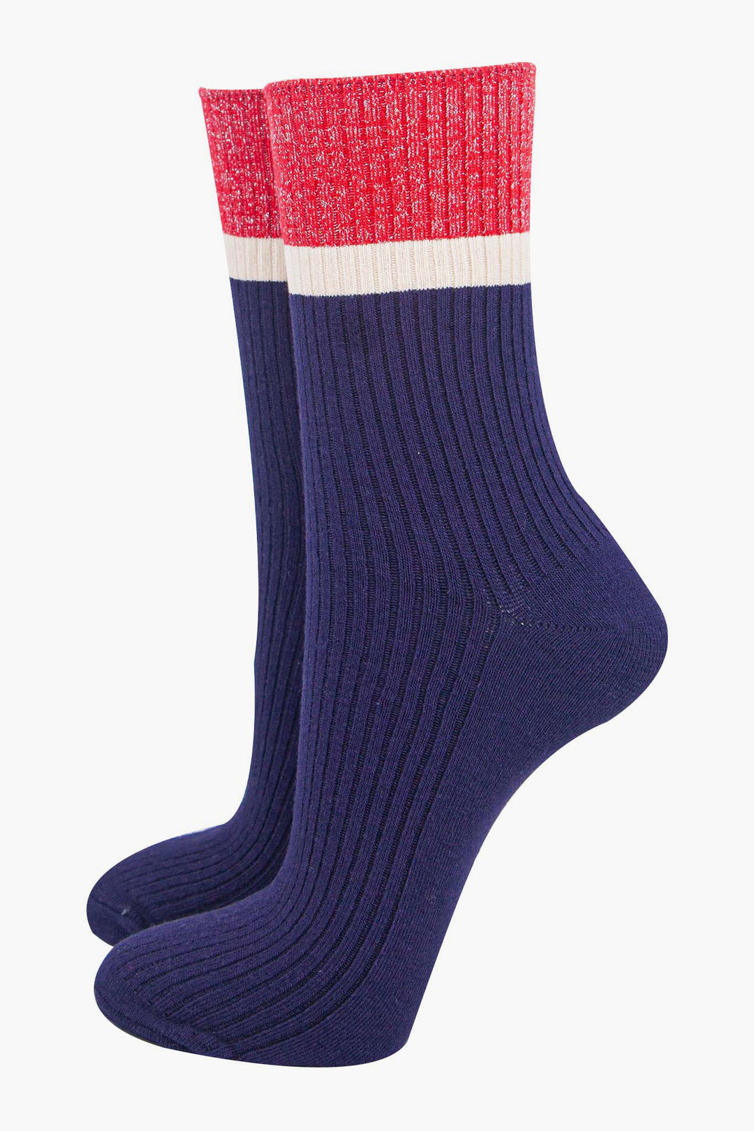 womens-mid-calf-socks-navy-blue-red-contrast-cuff-thick-ribbed-cotton