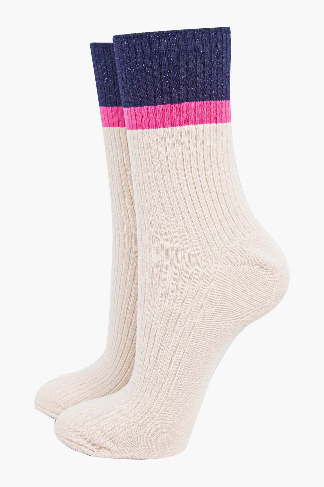womens-mid-calf-socks-cream-navy-blue-contrast-cuff-thick-ribbed-cotton