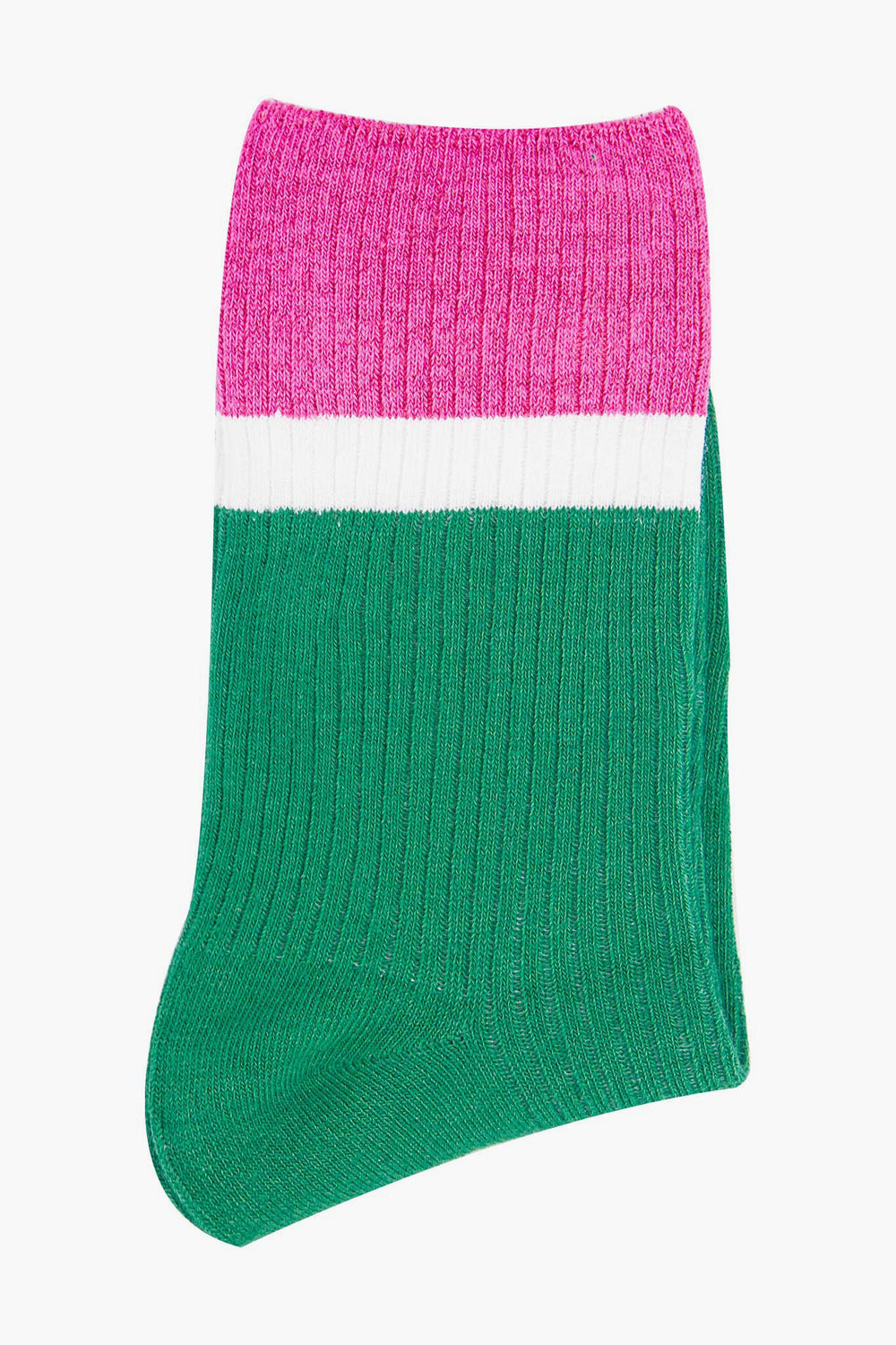 womens-mid-calf-socks-green-pink-contrast-cuff-folded-thick-cotton