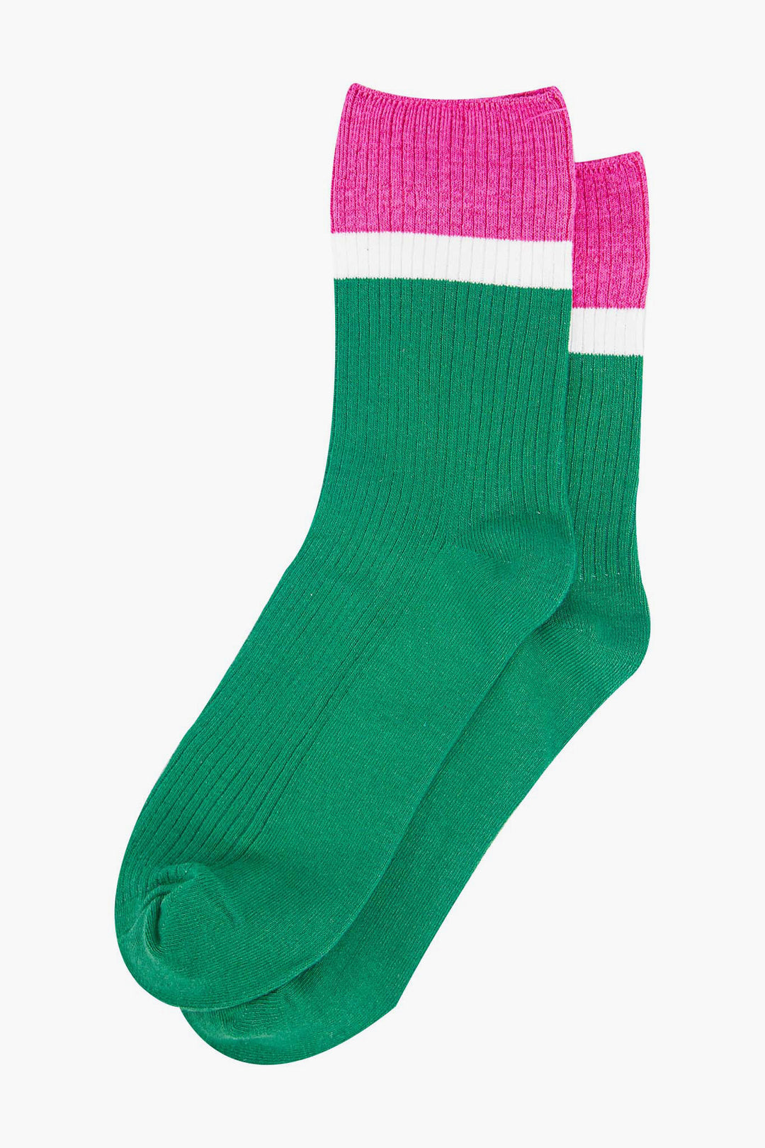 womens-mid-calf-socks-green-pink-contrast-cuff-laying-flat