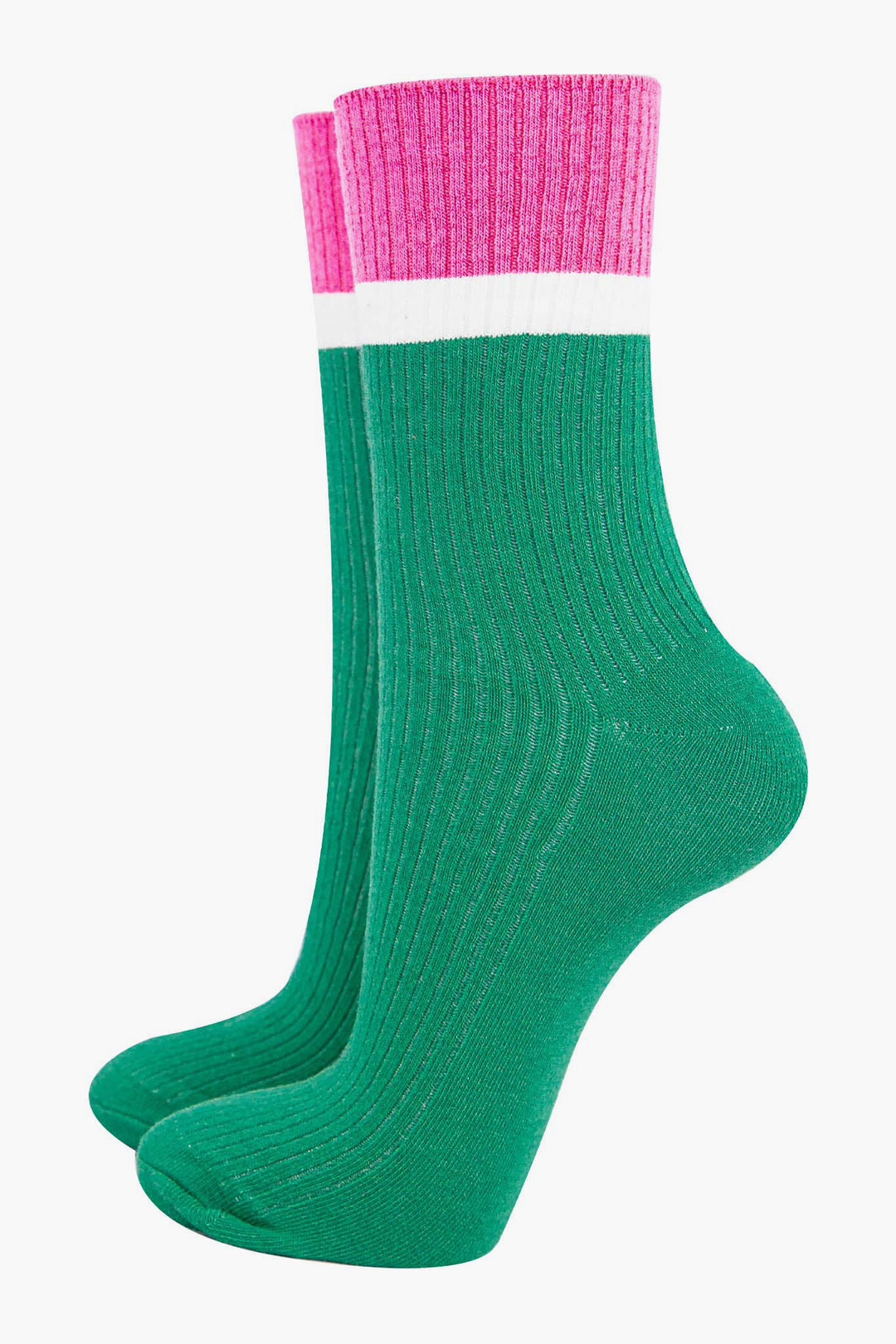 womens-mid-calf-socks-green-pink-contrast-cuff-thick-ribbed-cotton