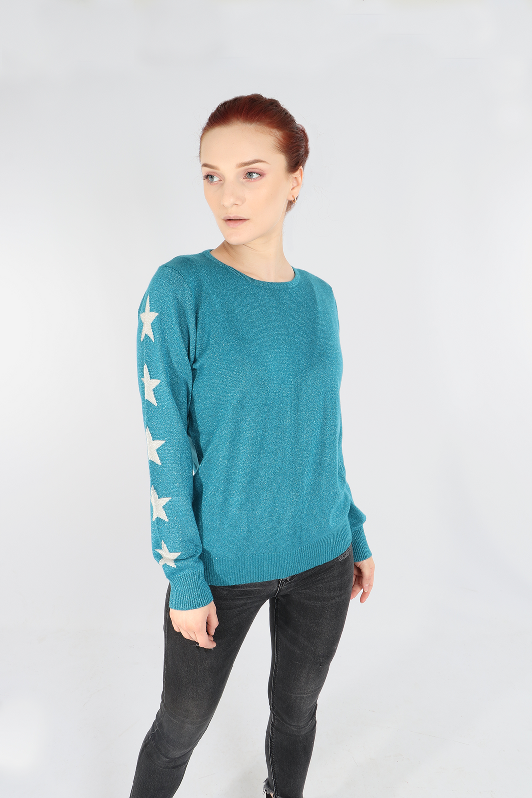 Blue Silver Repeat Star Detail Lurex Knitted Jumper