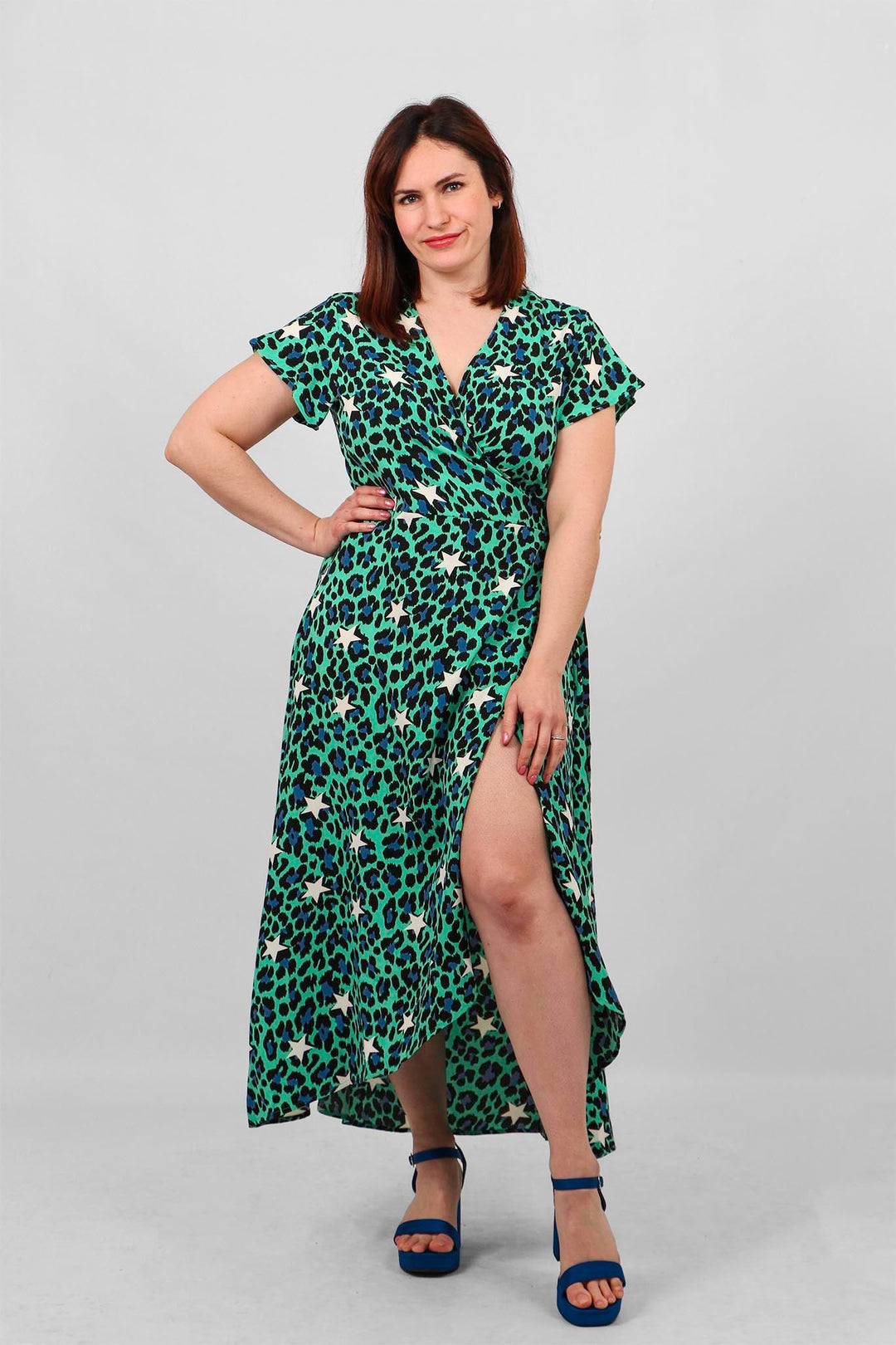 Green Leopard and Star Print Wrap Dress