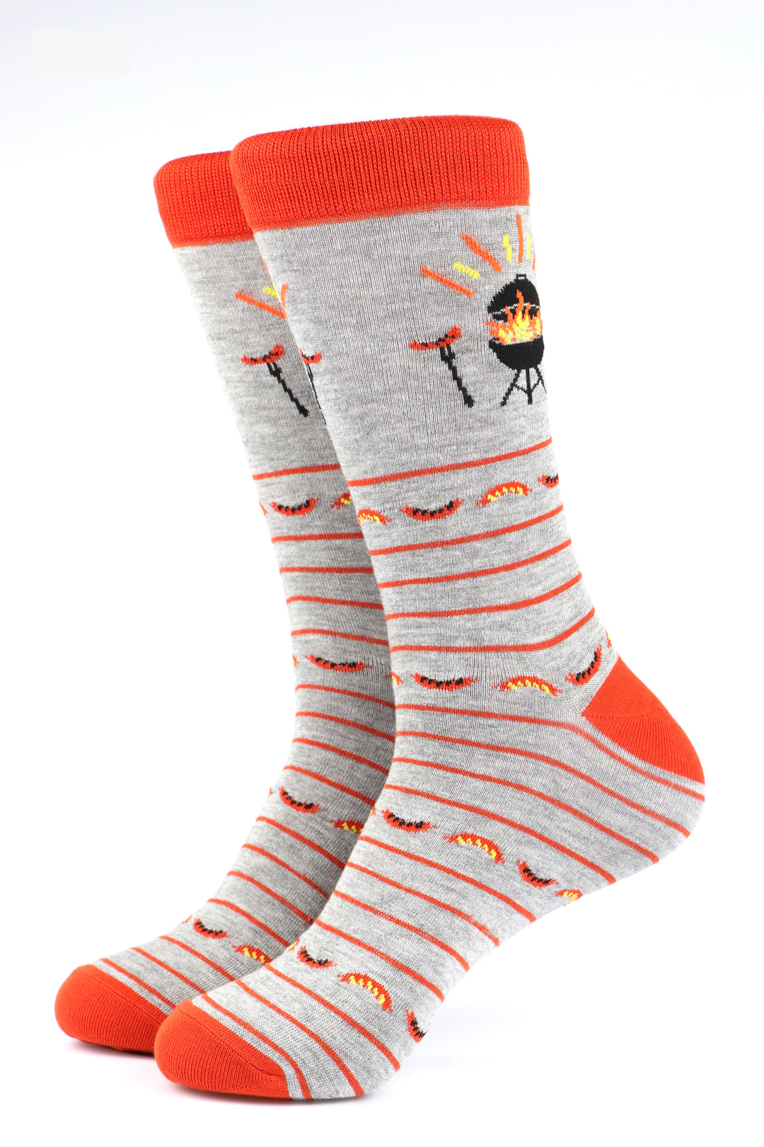 mens bamboo dress socks in grey and orange with a bbq grill and sausages on them