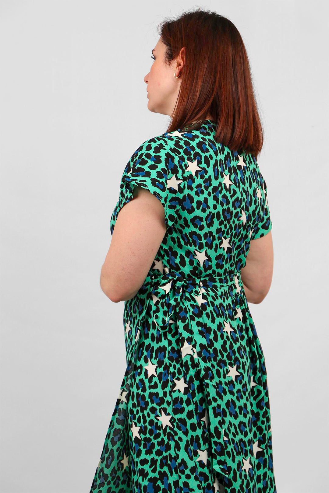 Green Leopard and Star Print Wrap Dress