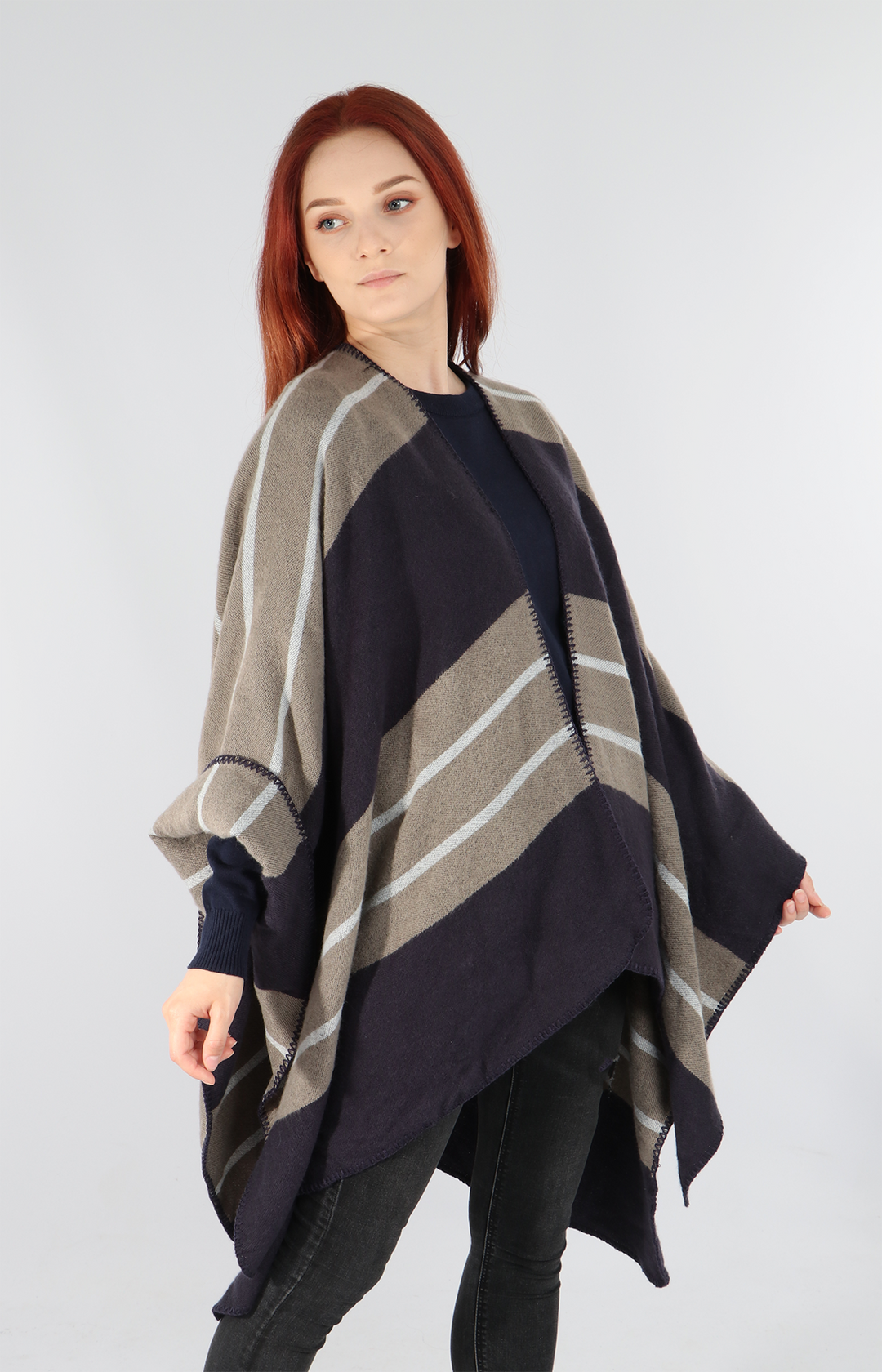 Navy Blue Colourblock Striped Cape