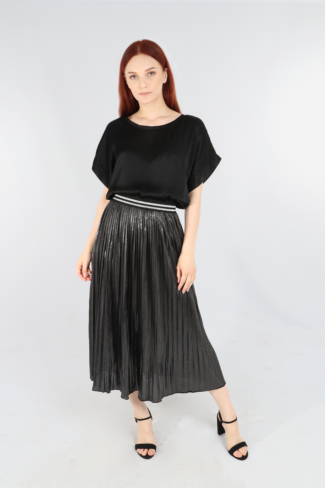Black Silver Foil Pleated Skirt with Glitter Stripe Waistband