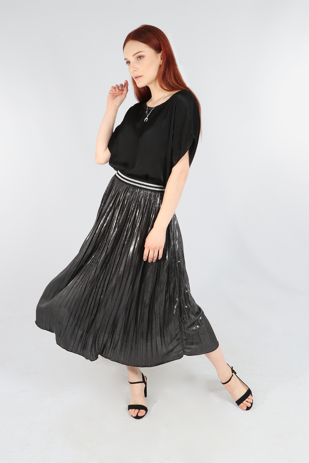 Black Silver Foil Pleated Skirt with Glitter Stripe Waistband