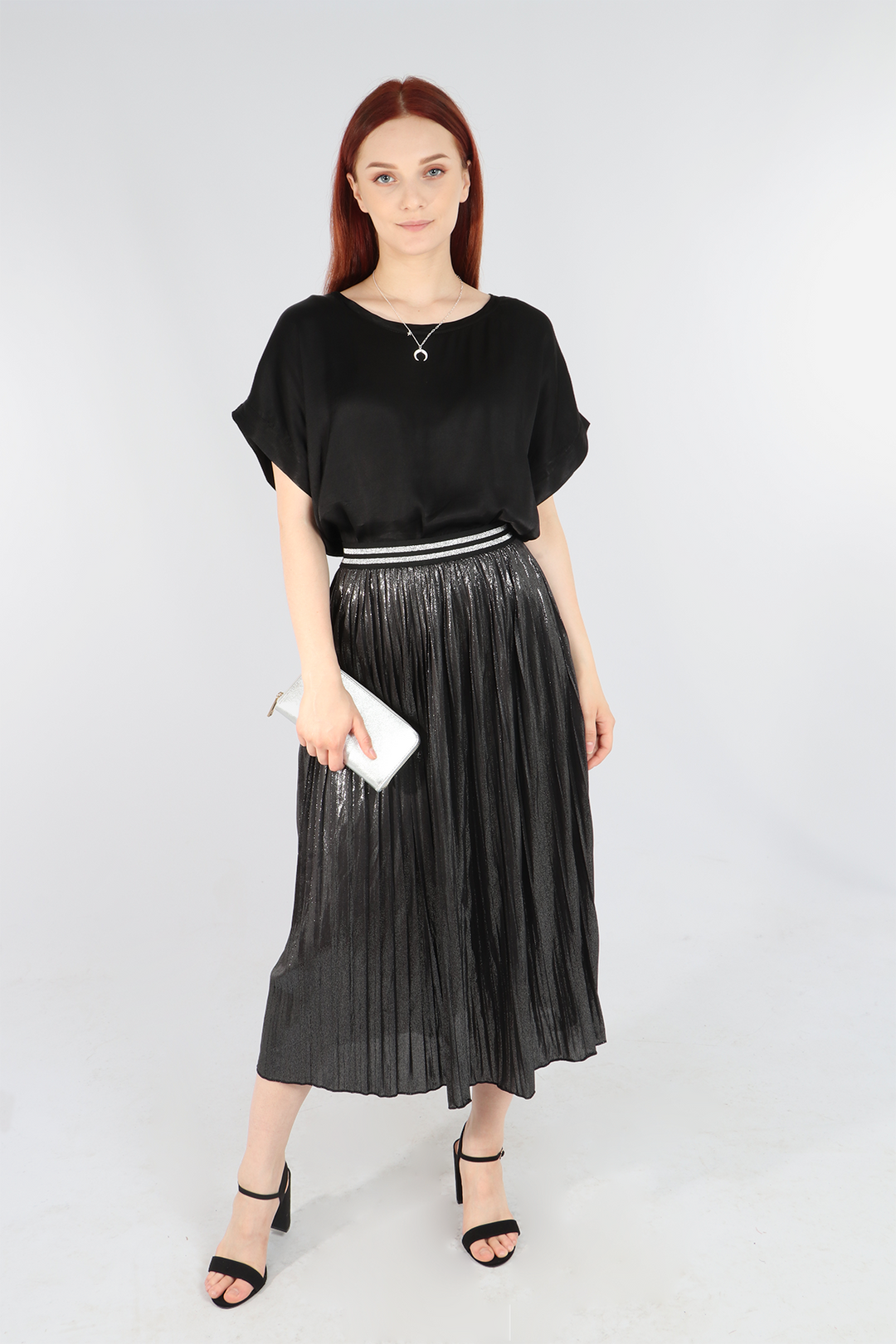 Black Silver Foil Pleated Skirt with Glitter Stripe Waistband