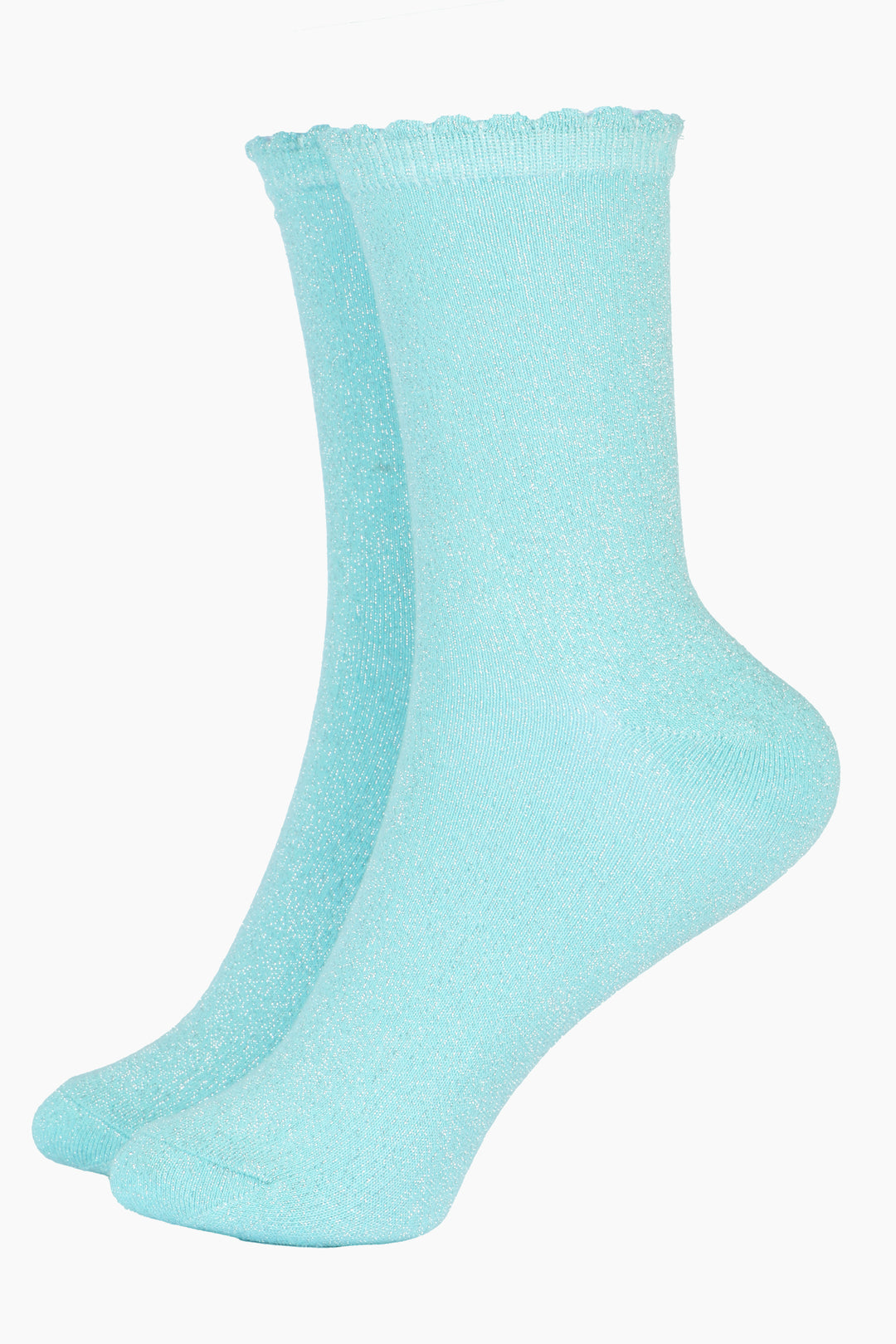 duck egg blue ankle socks with a scalloped cuff and all over silver glitter sparkle