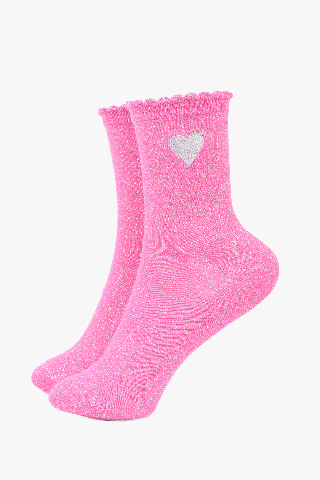 fuchsia pink socks with a silver embroidered heart and all over glitter sparkle