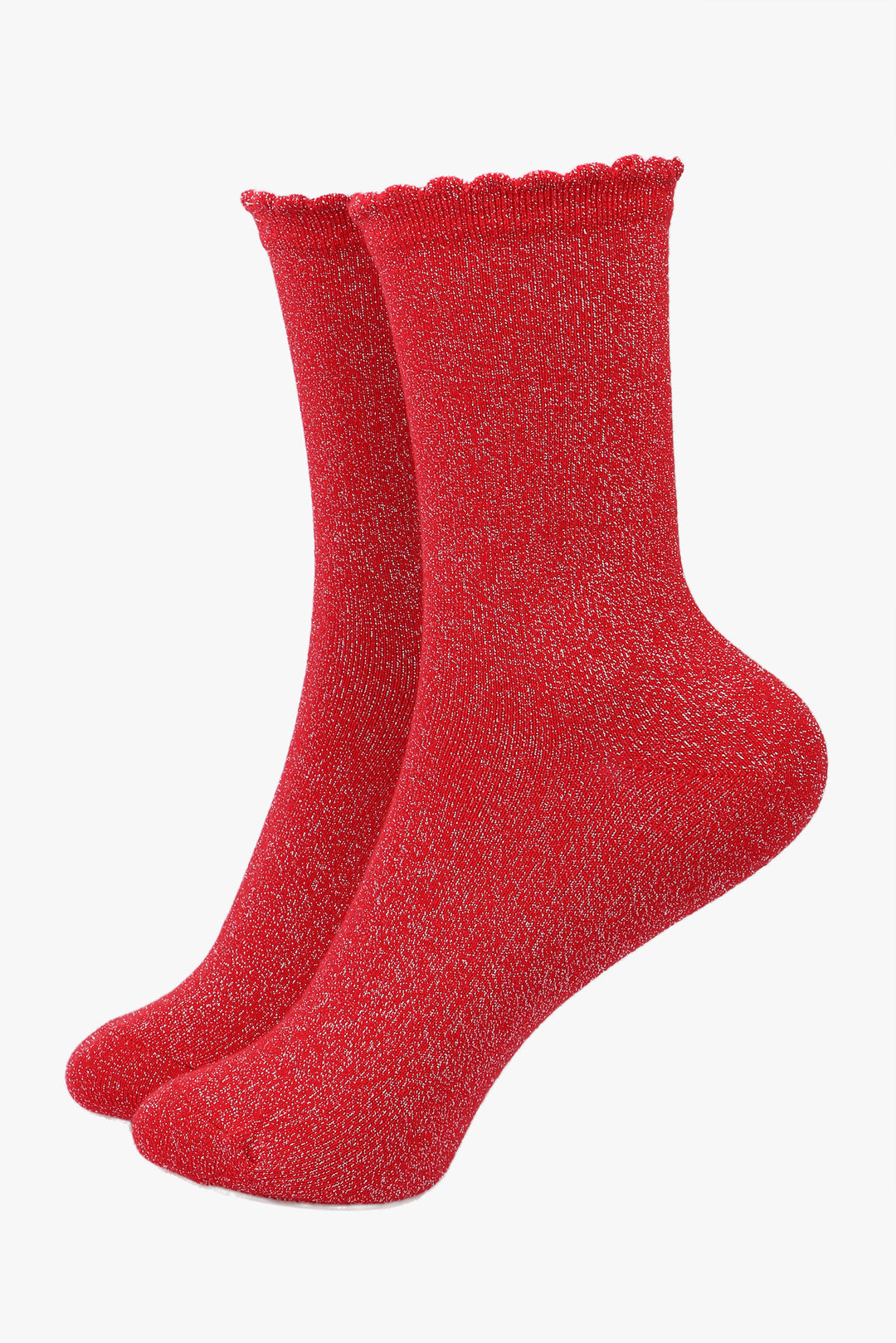 red ankle socks with a scalloped cuff and an all over silver glitter sparkle