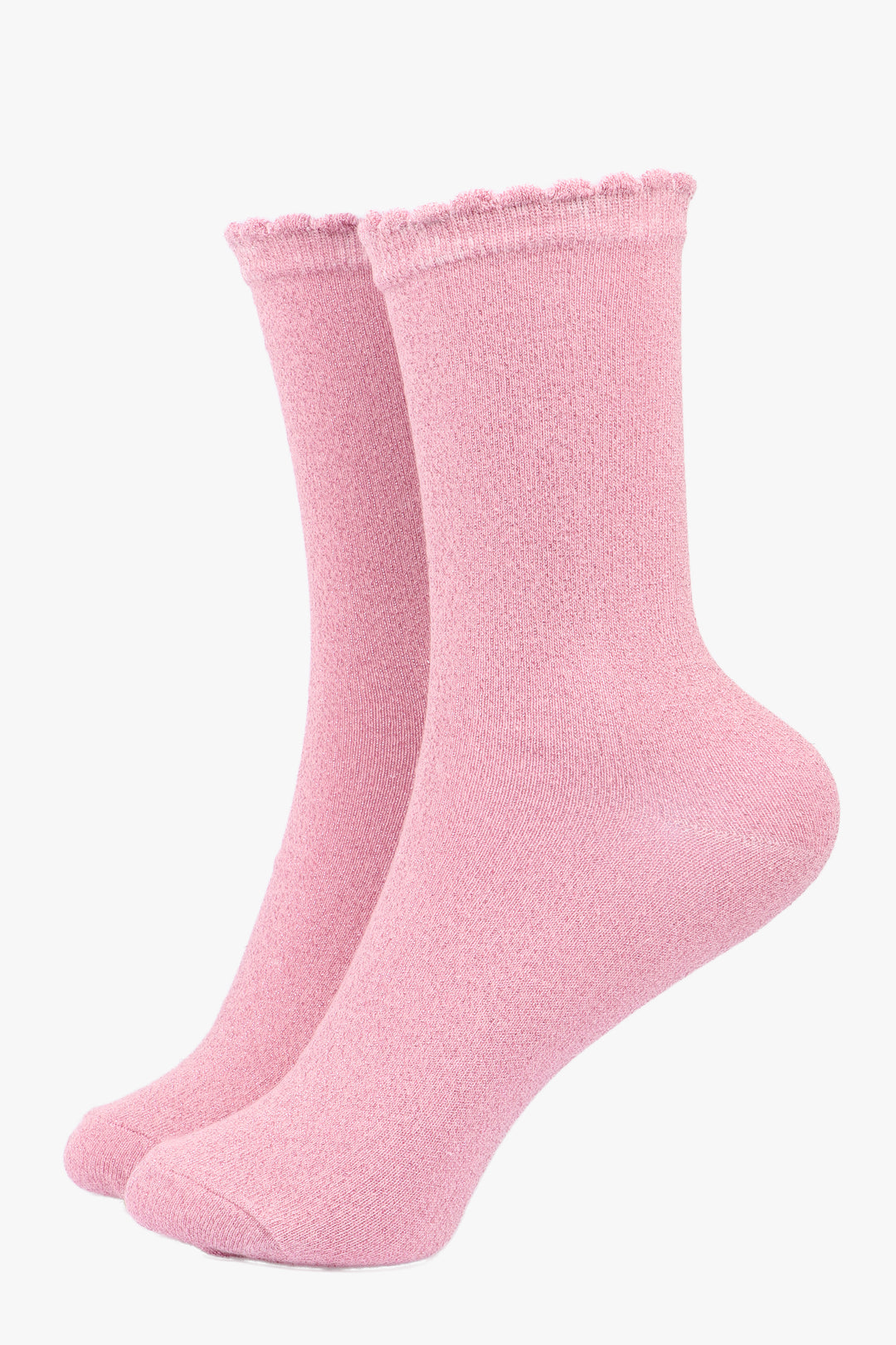 pink ankle socks with a scalloped cuff and all over glitter sparkle