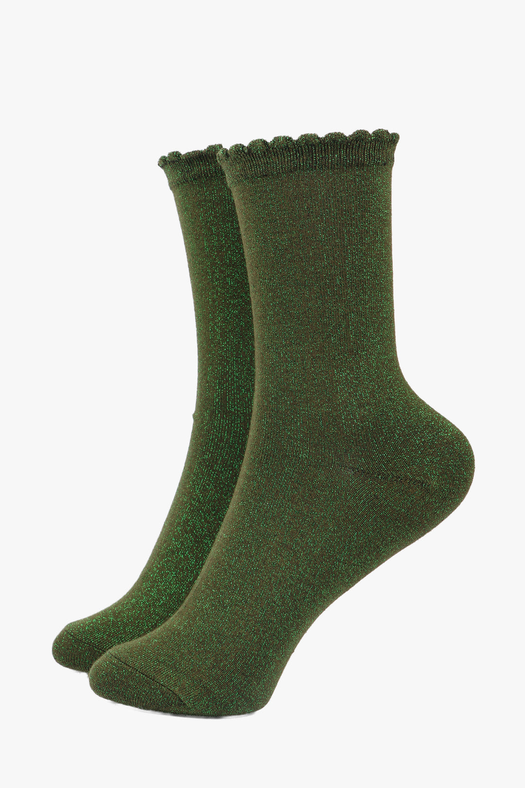 khaki ankle socks with a scalloped cuff and an all over green glitter sparkle