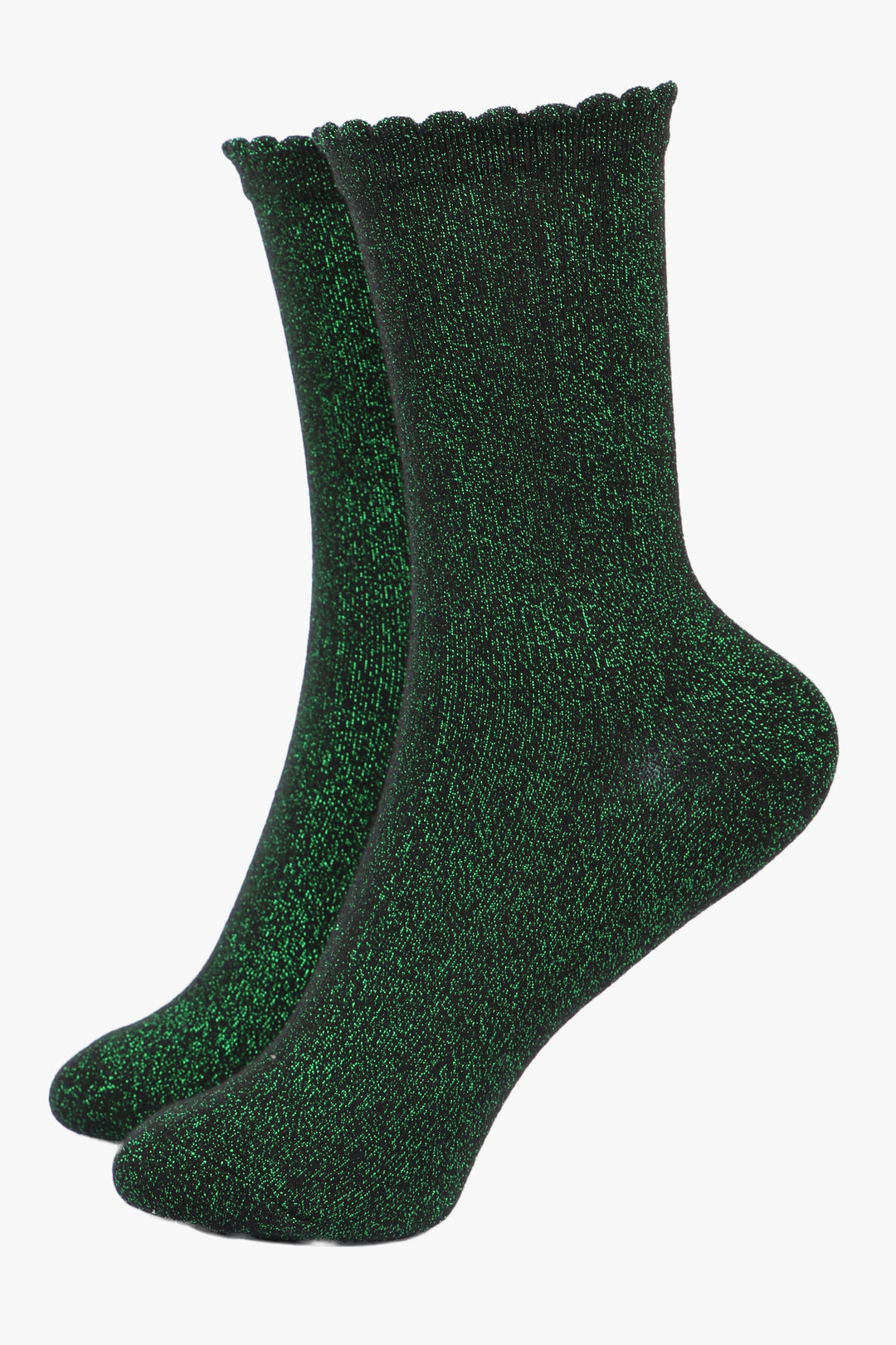 black ankle socks with scalloped cuffs with an all over vibrant green glitter sparkle