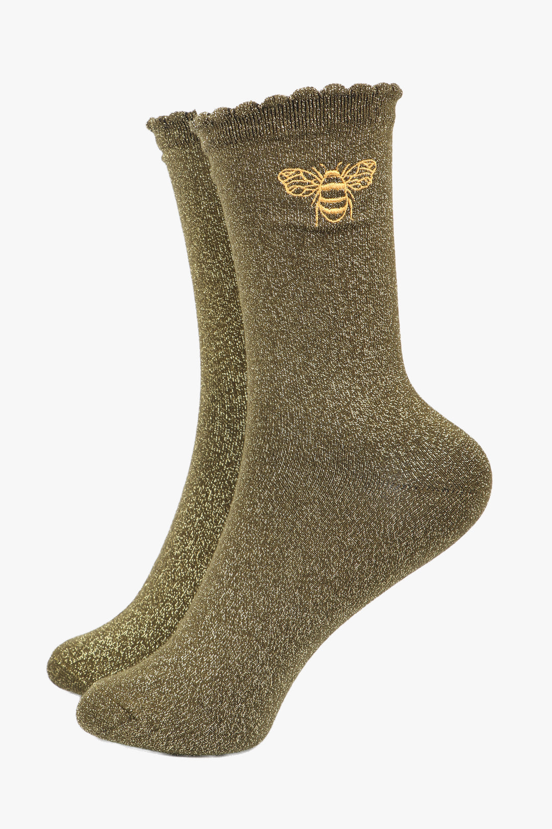 khaki socks with an embroidered gold bee on the ankle, the socks have a scalloped cuff and an all over glitter sparkle