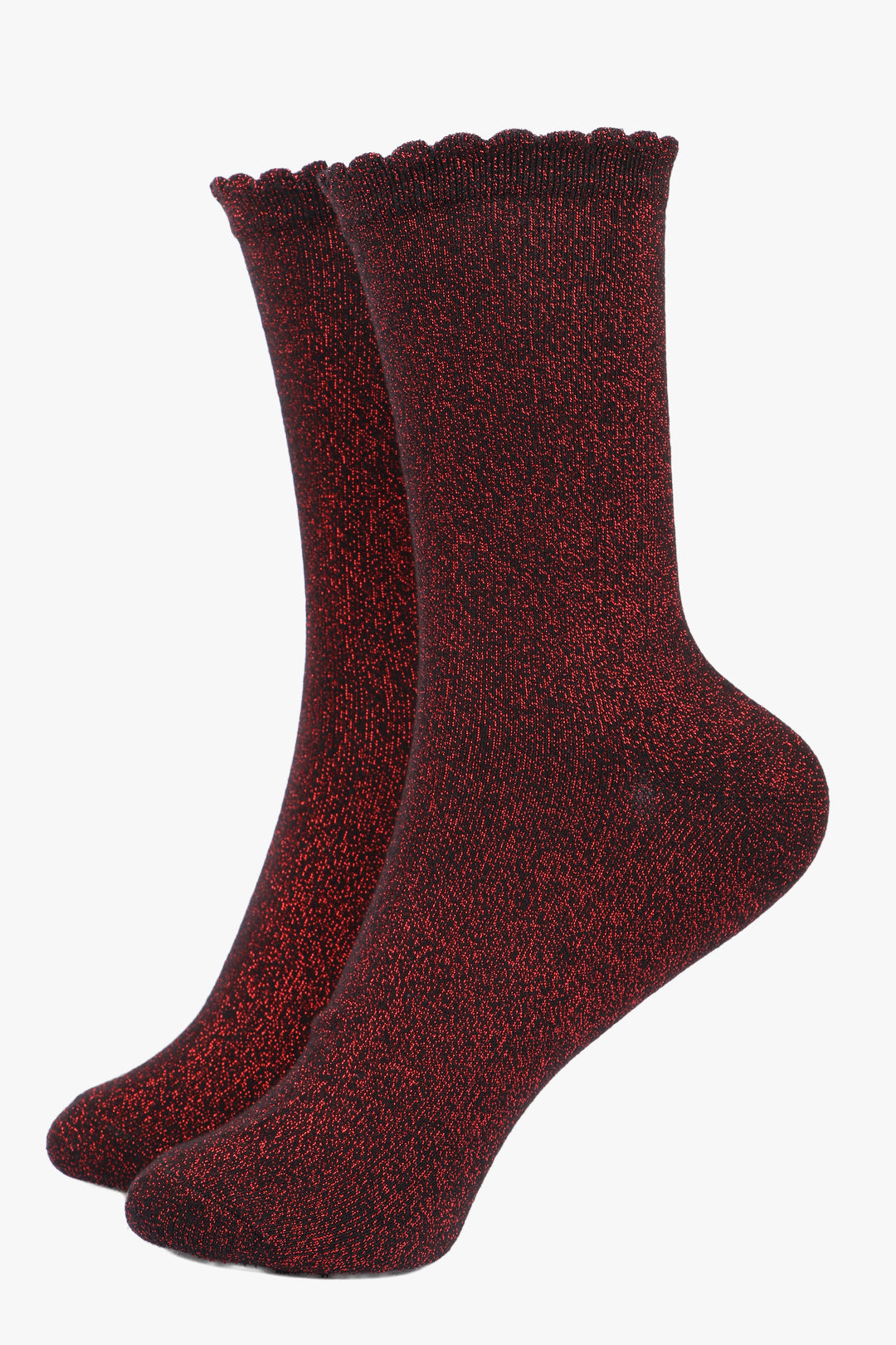 black socks with an all over red glitter sparkle, the socks have scalloped cuffs