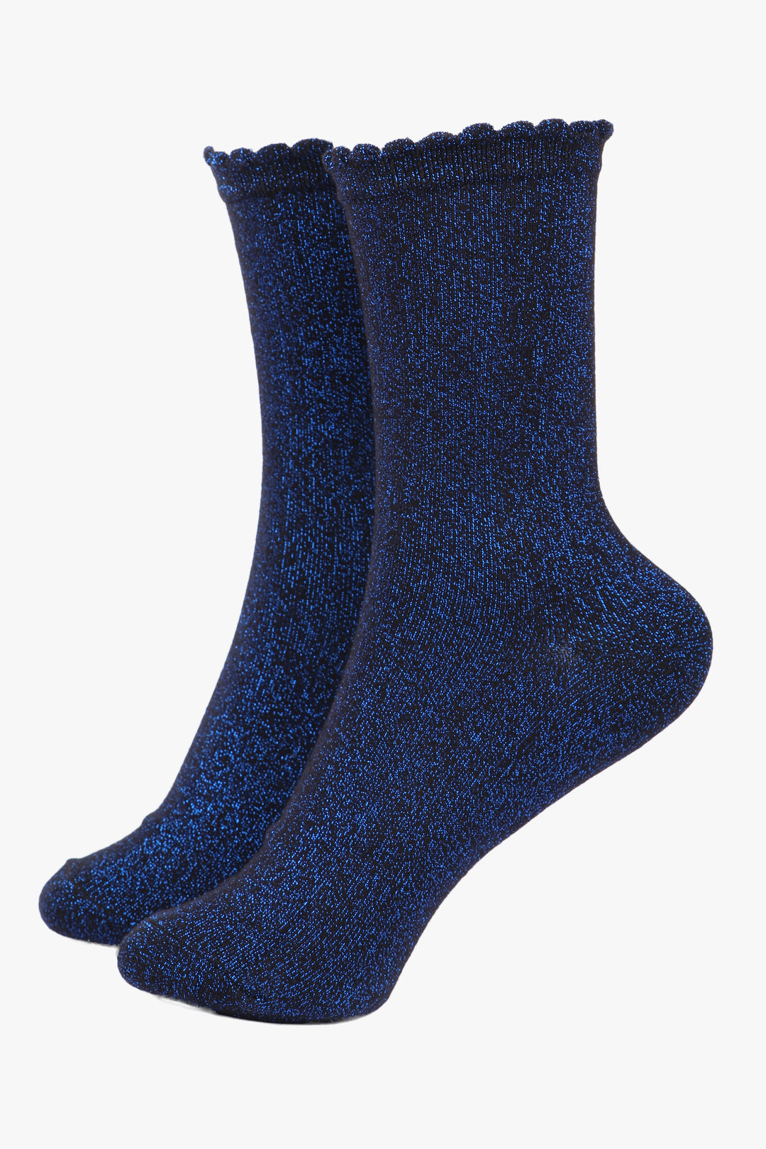 black ankle socks with a scalloped cuff and an all over royal blue glitter sparkle