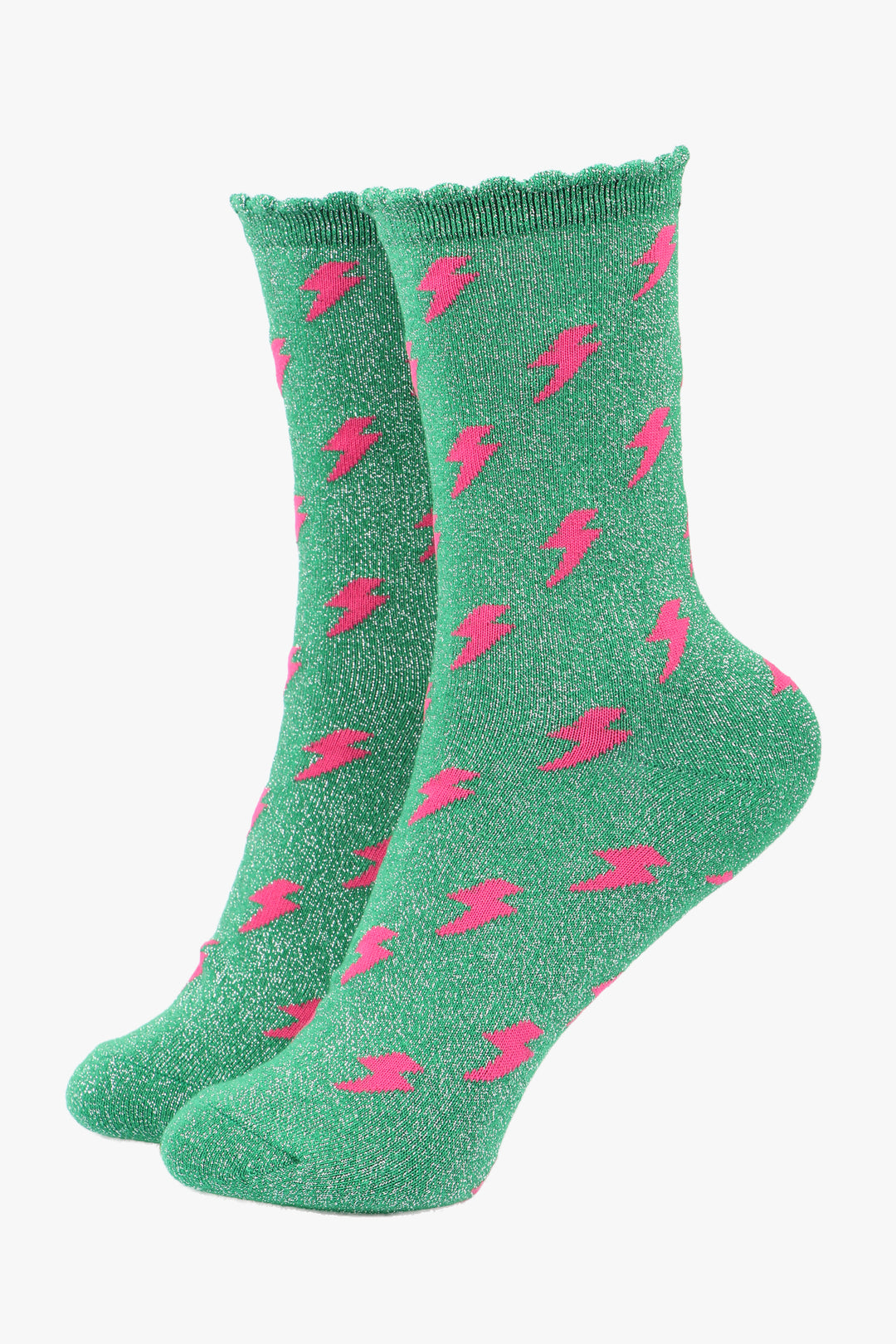 womens green glitter socks with an all over pink lightning bolt pattern and glitter sparkle